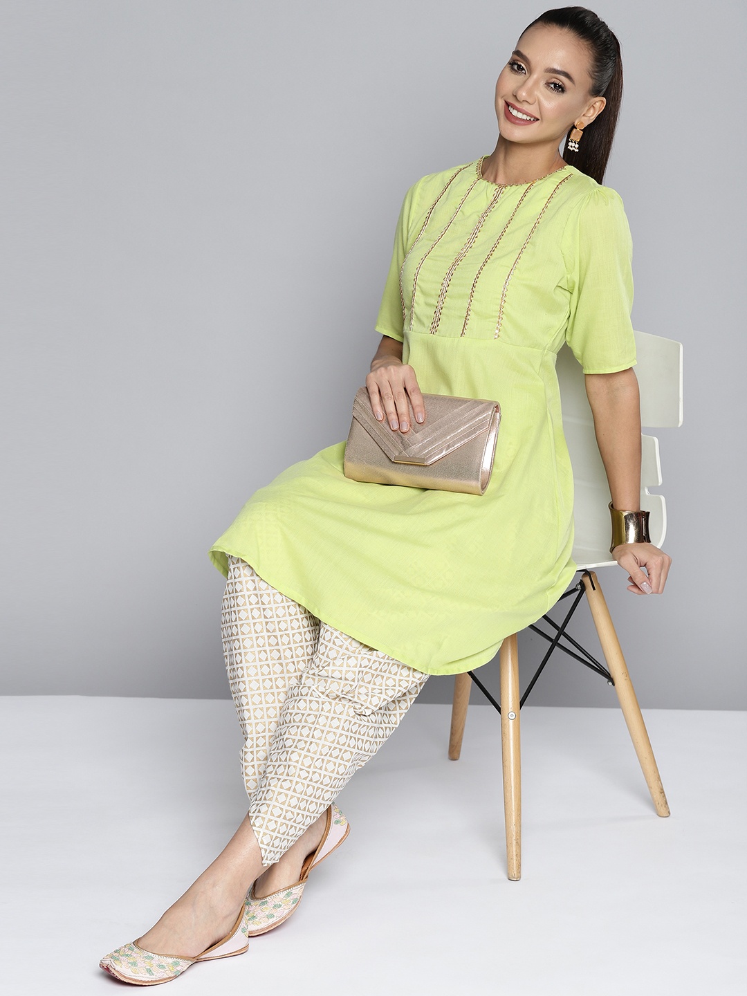 

HERE&NOW Women Lime Green & White Empire Gotta Patti Kurta with Dhoti Pants