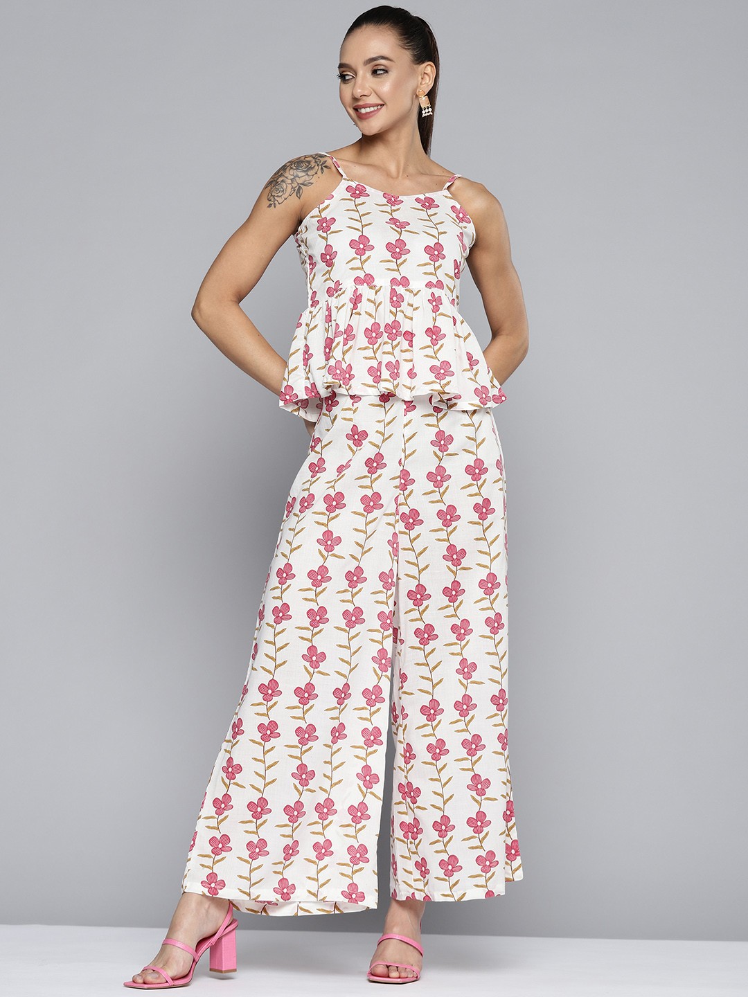 

HERE&NOW Women White & Pink Ethnic Motifs Printed Empire Top with Palazzos