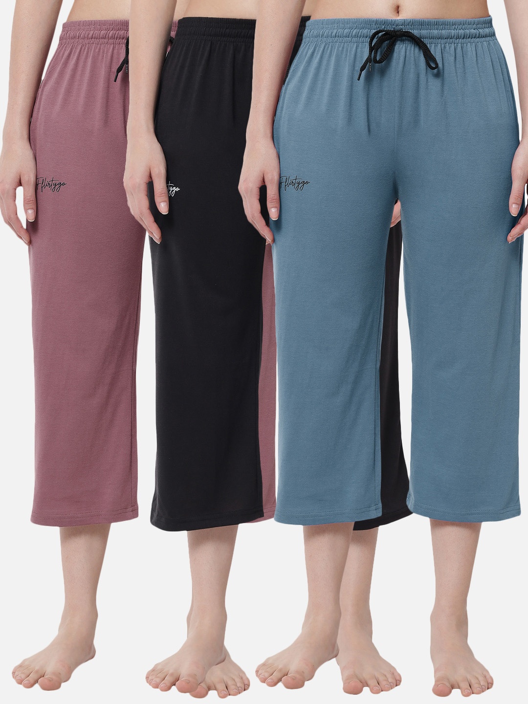 

FFLIRTYGO Women Pack Of 3 Solid Lounge Capris, Black