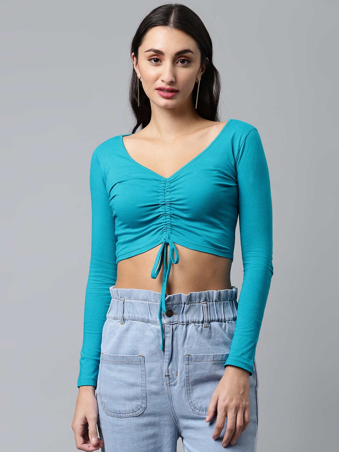 

kriatma Teal Blue Ruched Crop Top with Tie-Up Detail