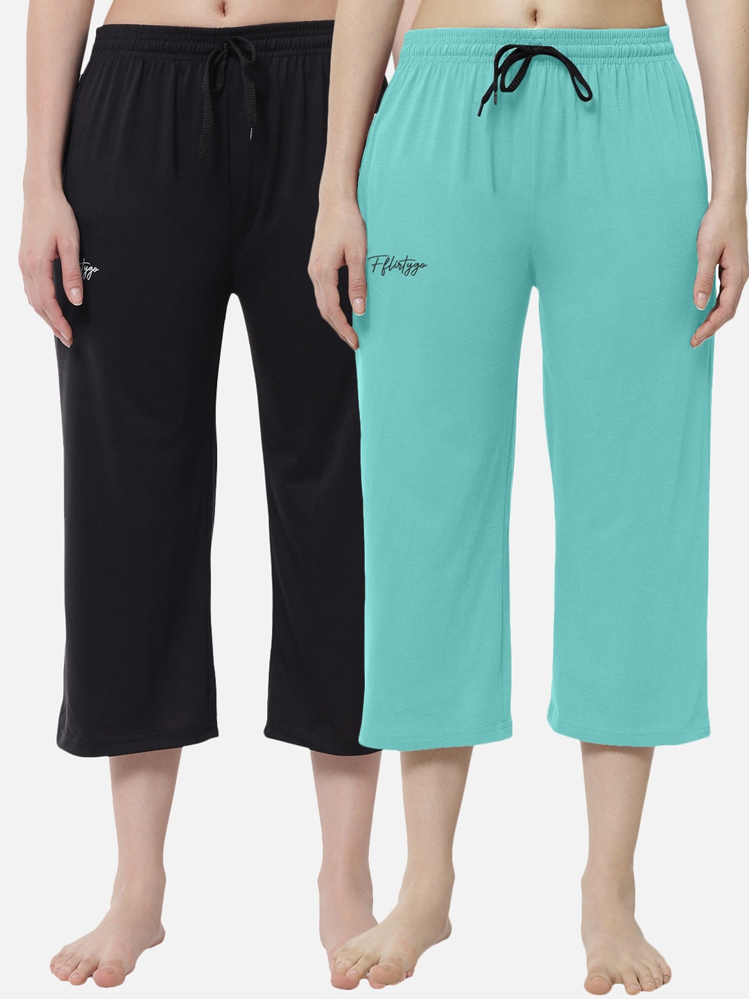 

FFLIRTYGO Women Pack of 2 Solid Cotton Lounge Capris, Black
