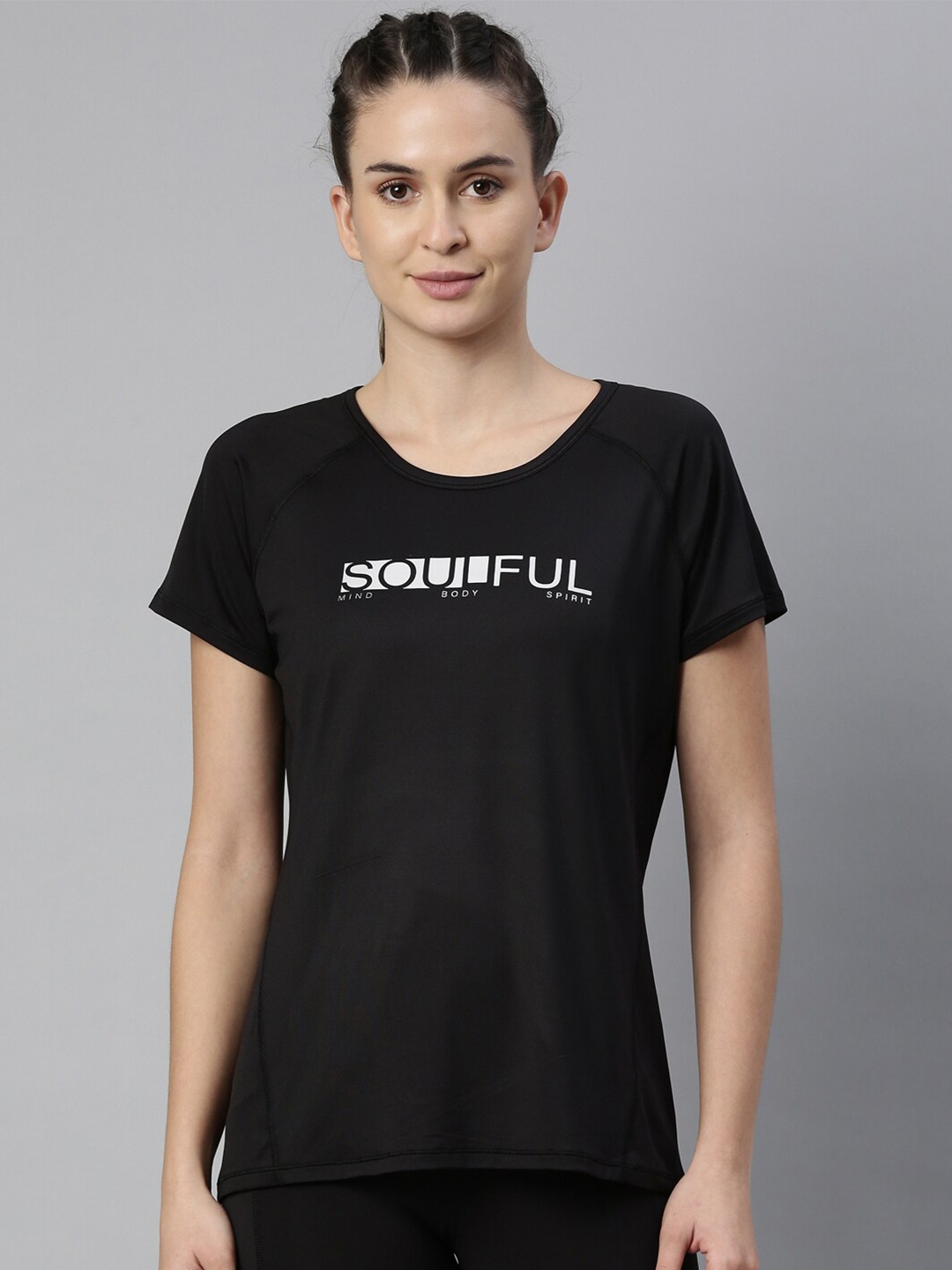 Enamor Women Black & brown Typography Printed Antimicrobial Raw Edge T-shirt
