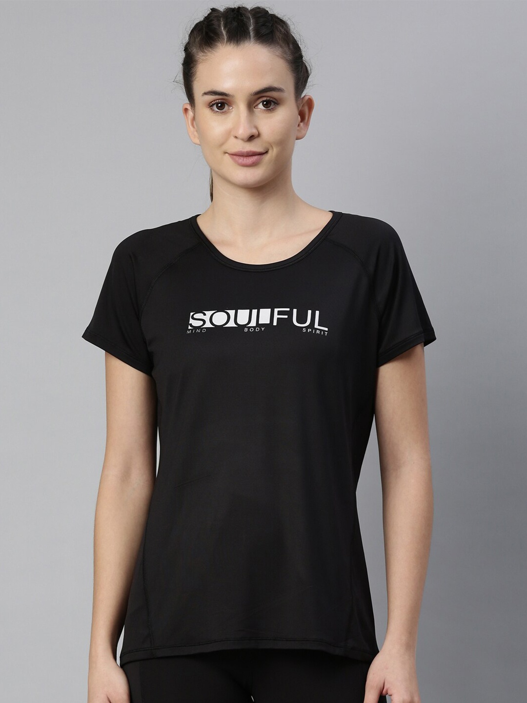 

Enamor Women Black & brown Typography Printed Antimicrobial Raw Edge T-shirt