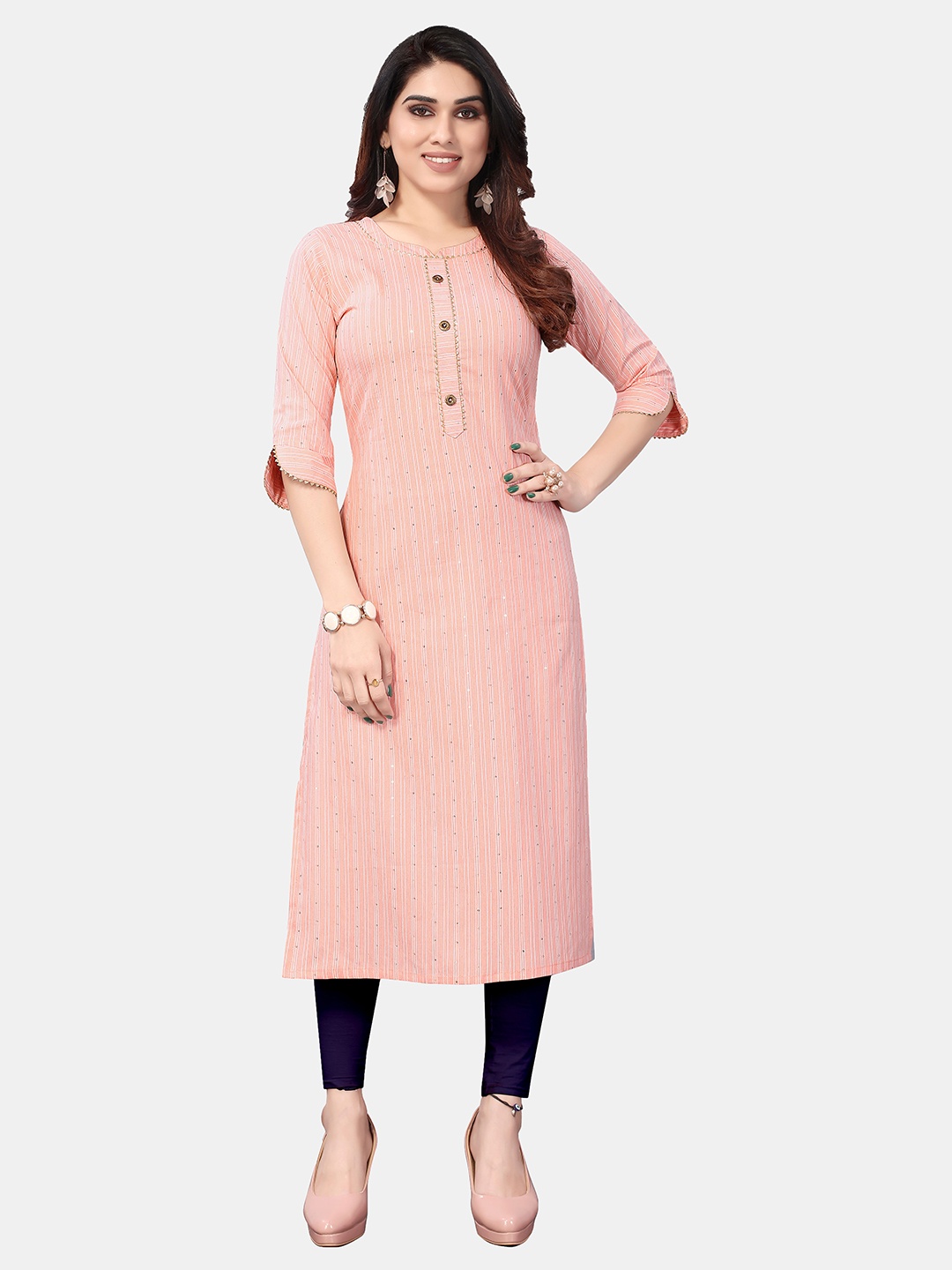 

APPLIX STYLE Women Peach-Coloured Striped A-line Kurta