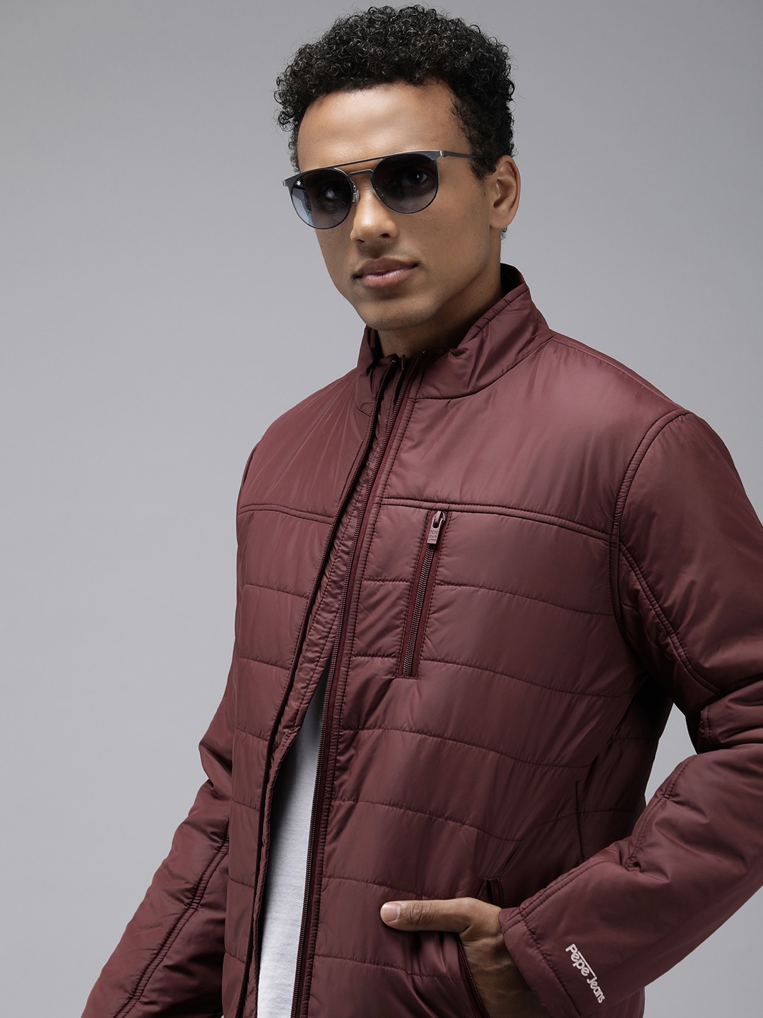 

Pepe Jeans Solid Stand Collar Padded Jacket, Burgundy