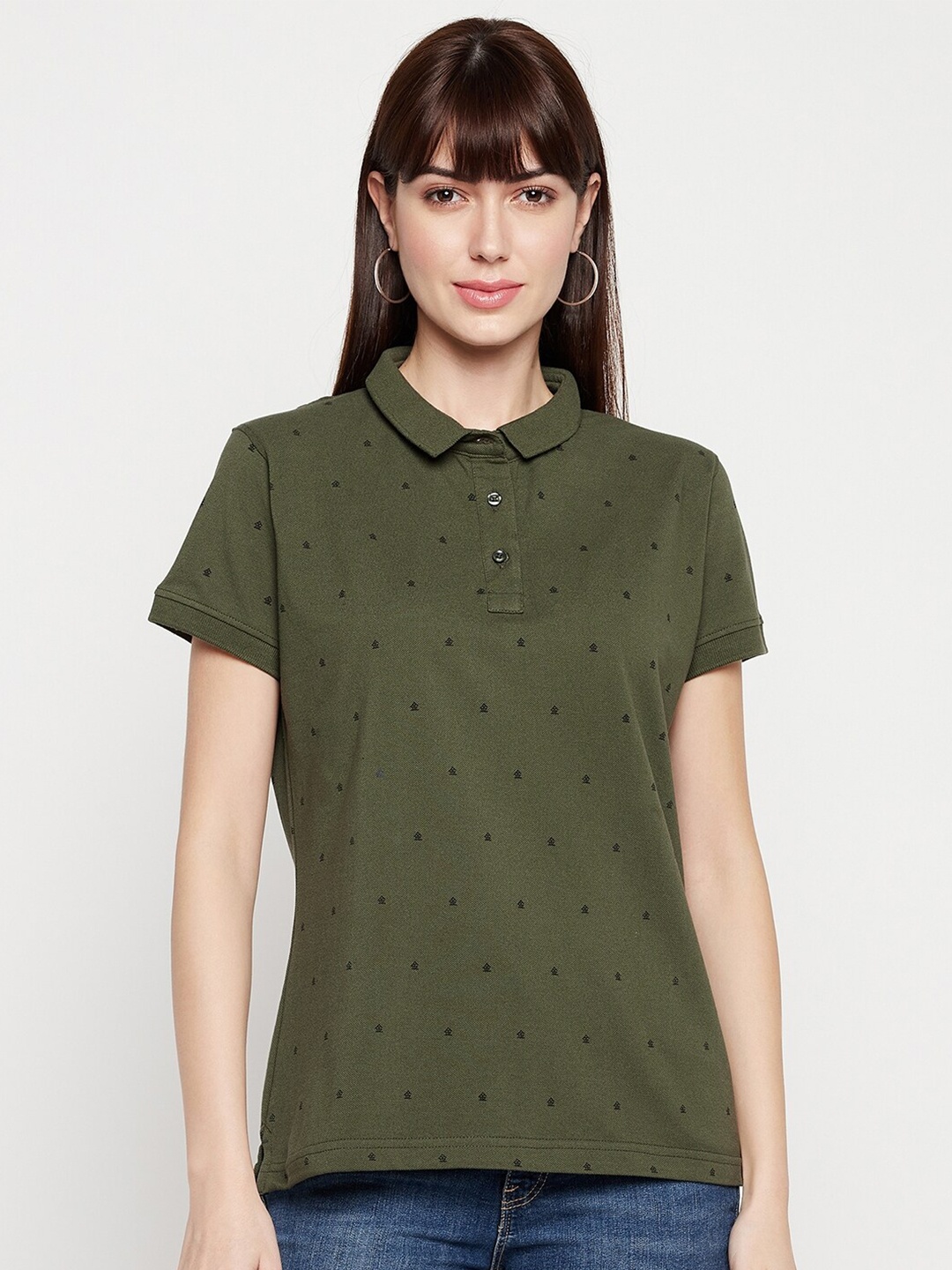 

Okane Women Olive Green & capers Printed Polo Collar T-shirt