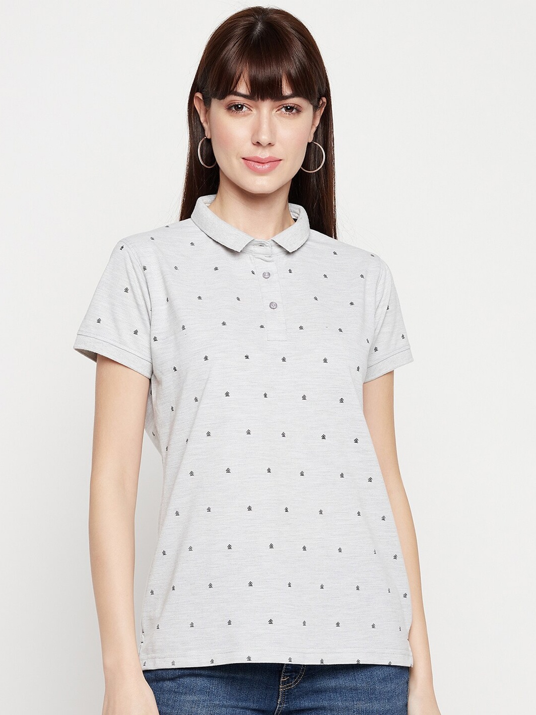 

Okane Women Grey & bright gray Floral Printed Polo Collar T-shirt