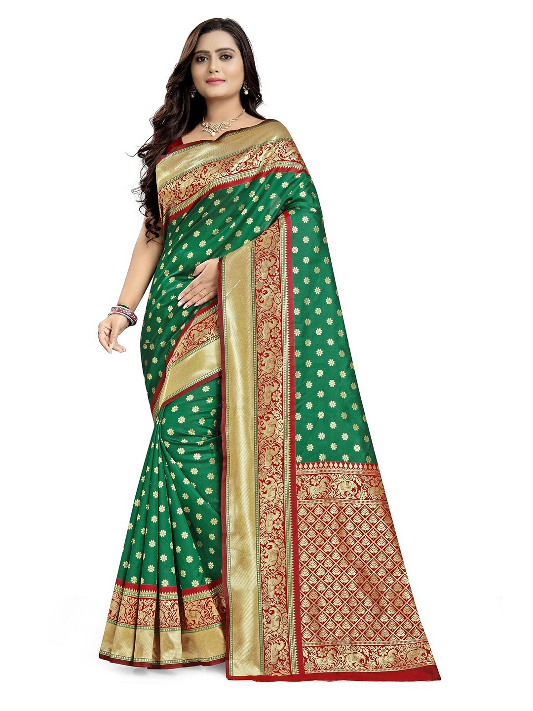 

KALINI Green & Red Woven Design Zari Silk Blend Banarasi Saree