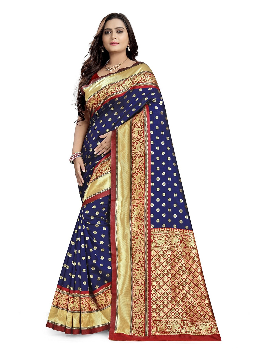

KALINI Blue & Red Woven Design Zari Silk Blend Banarasi Saree