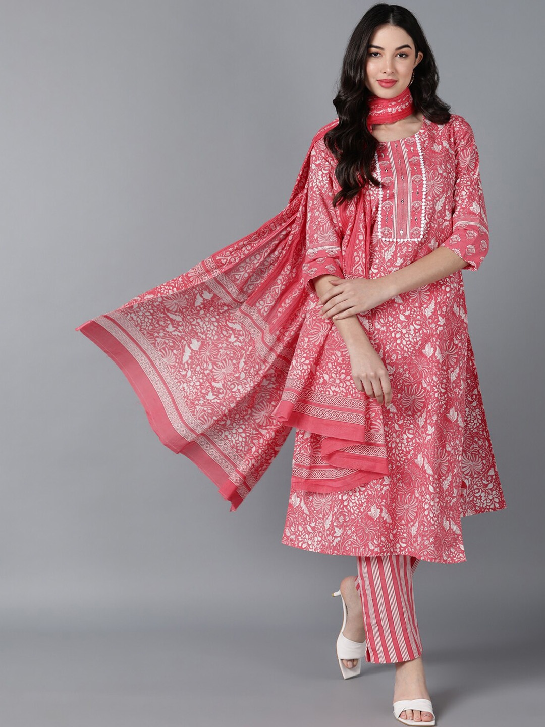 

AHIKA Women Pink Printed Empire Pure Cotton Kurta with Trousers & With Dupatta