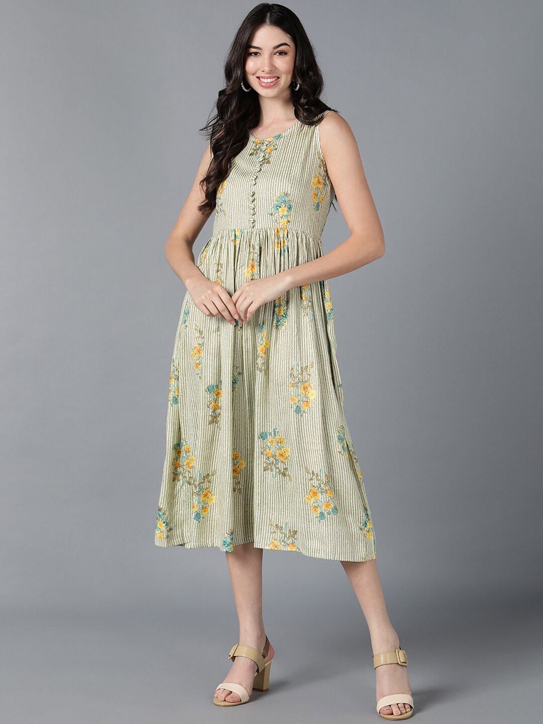 

AHIKA White Floral A-Line Midi Dress