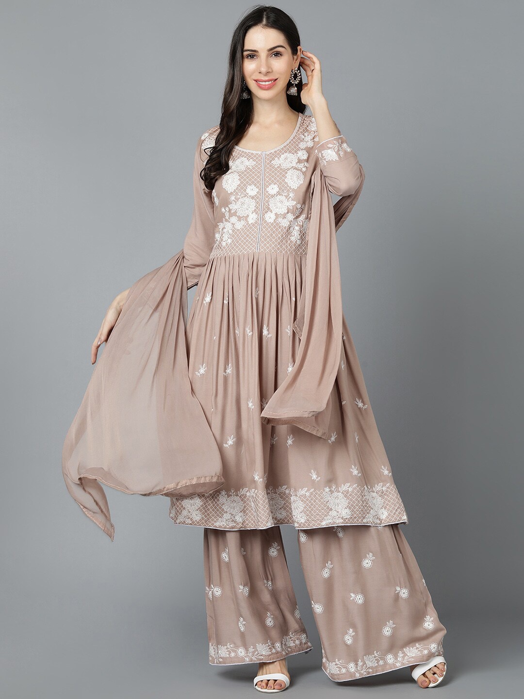 

AHIKA Women Beige Ethnic Motifs Embroidered Pleated Kurta with Palazzos