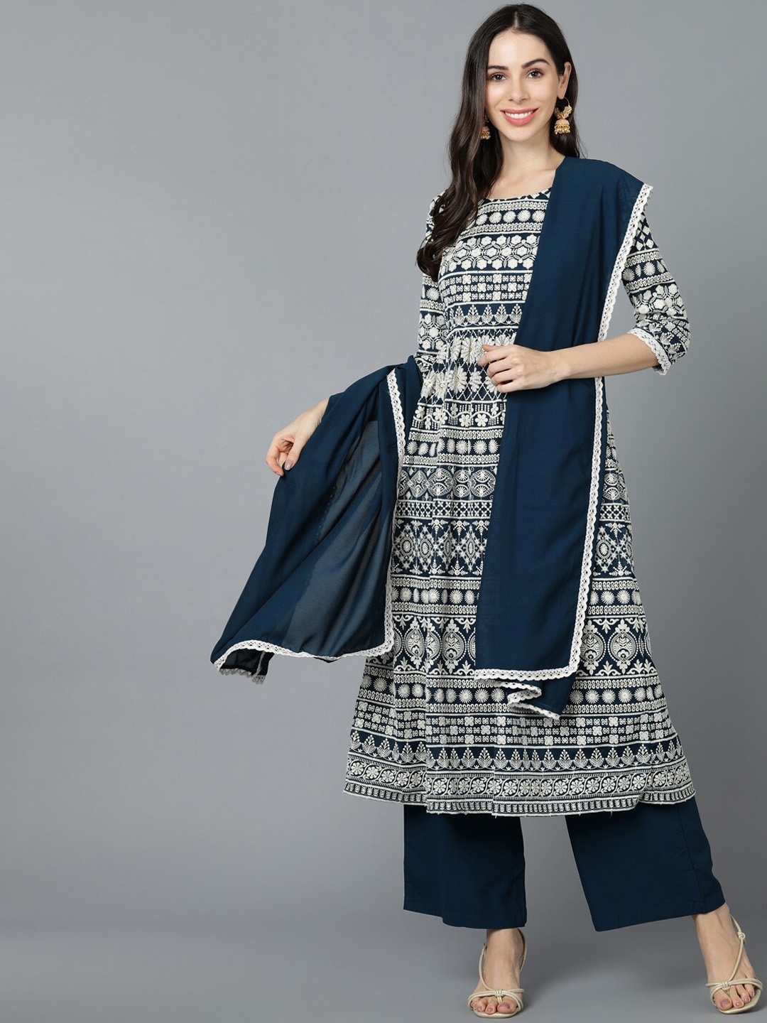 

AHIKA Women Navy Blue Ethnic Motifs Printed Pleated Kurta with Palazzos