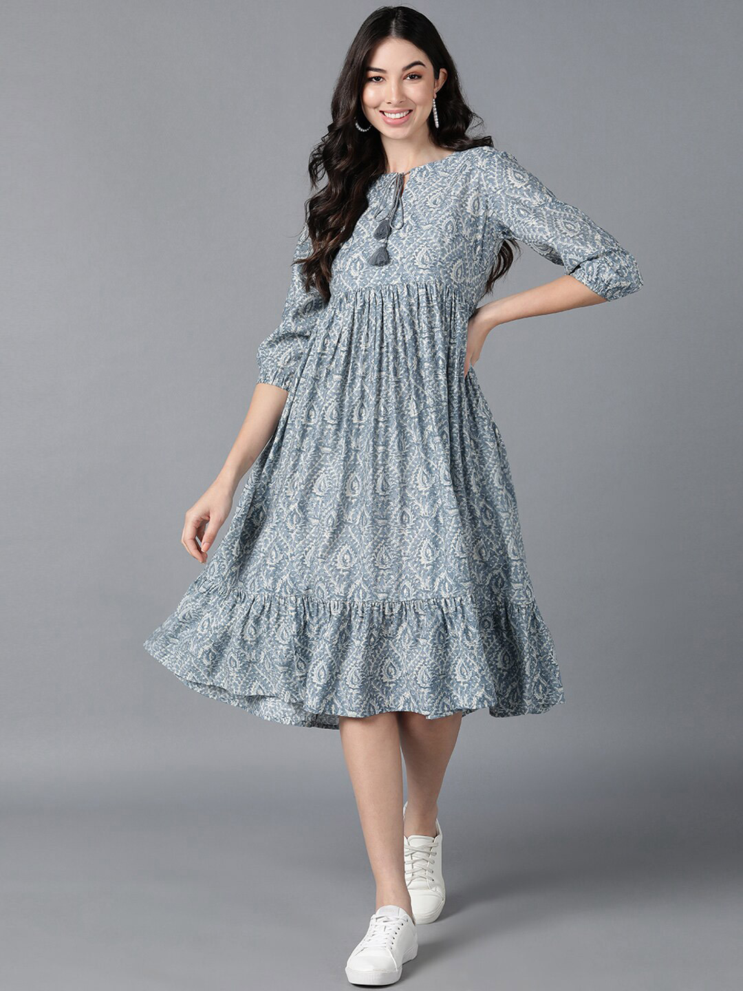 

AHIKA Grey Ethnic Motifs Empire Midi Dress