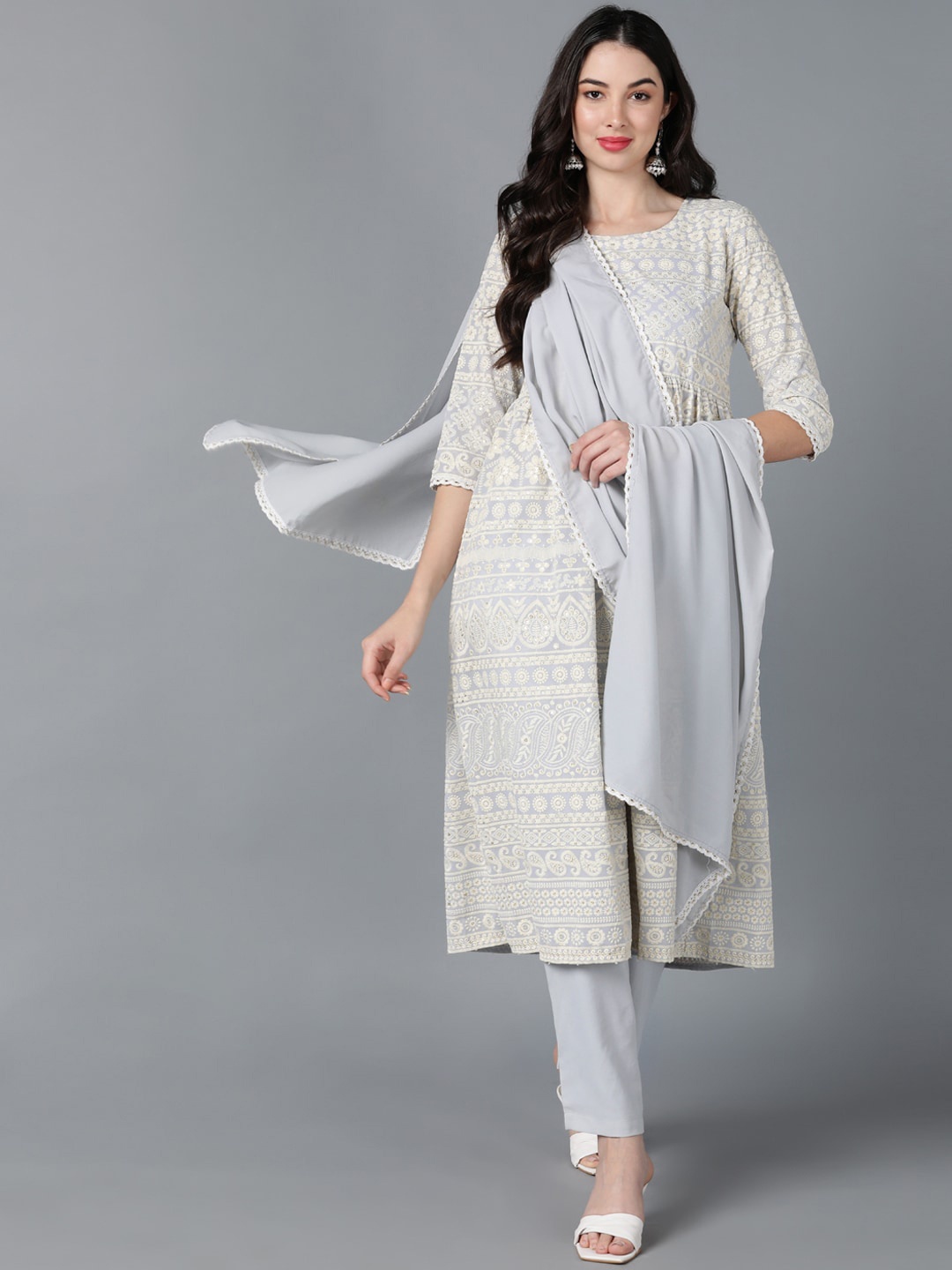 

AHIKA Women Blue Embroidered Layered Kurti with Trousers & With Dupatta