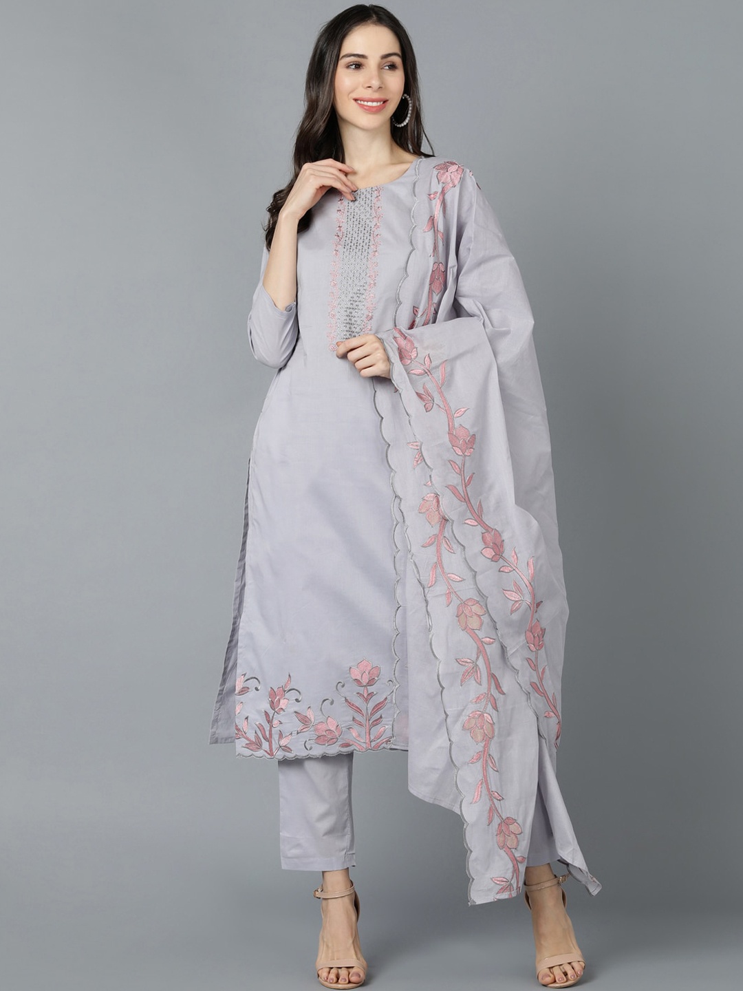 

AHIKA Women Grey Ethnic Motifs Embroidered Layered Kurti with Trousers & With Dupatta