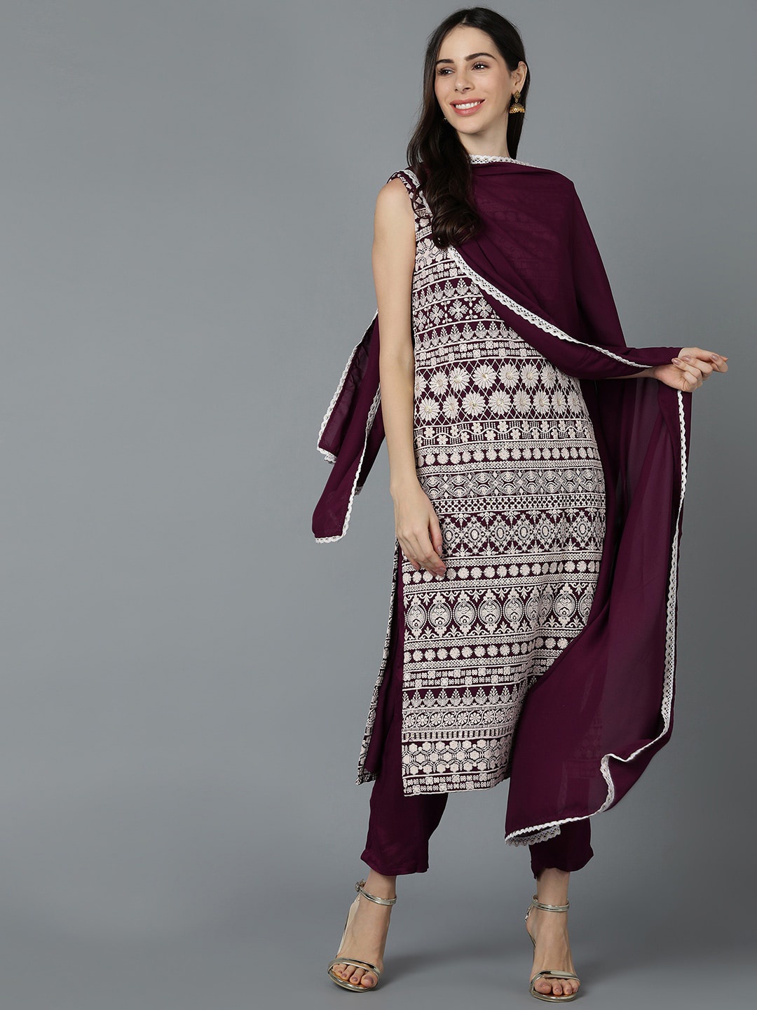 

AHIKA Women Purple Floral Printed Kurta with Trousers & With Dupatta