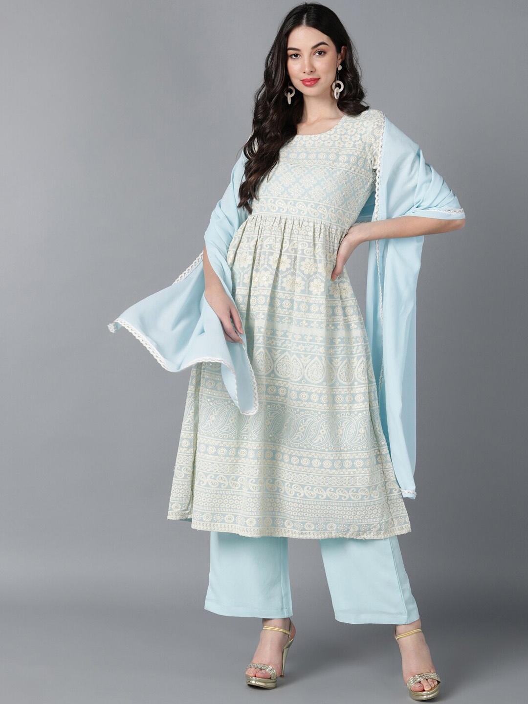 

AHIKA Women Blue Floral Printed Pleated Kurta with Palazzos