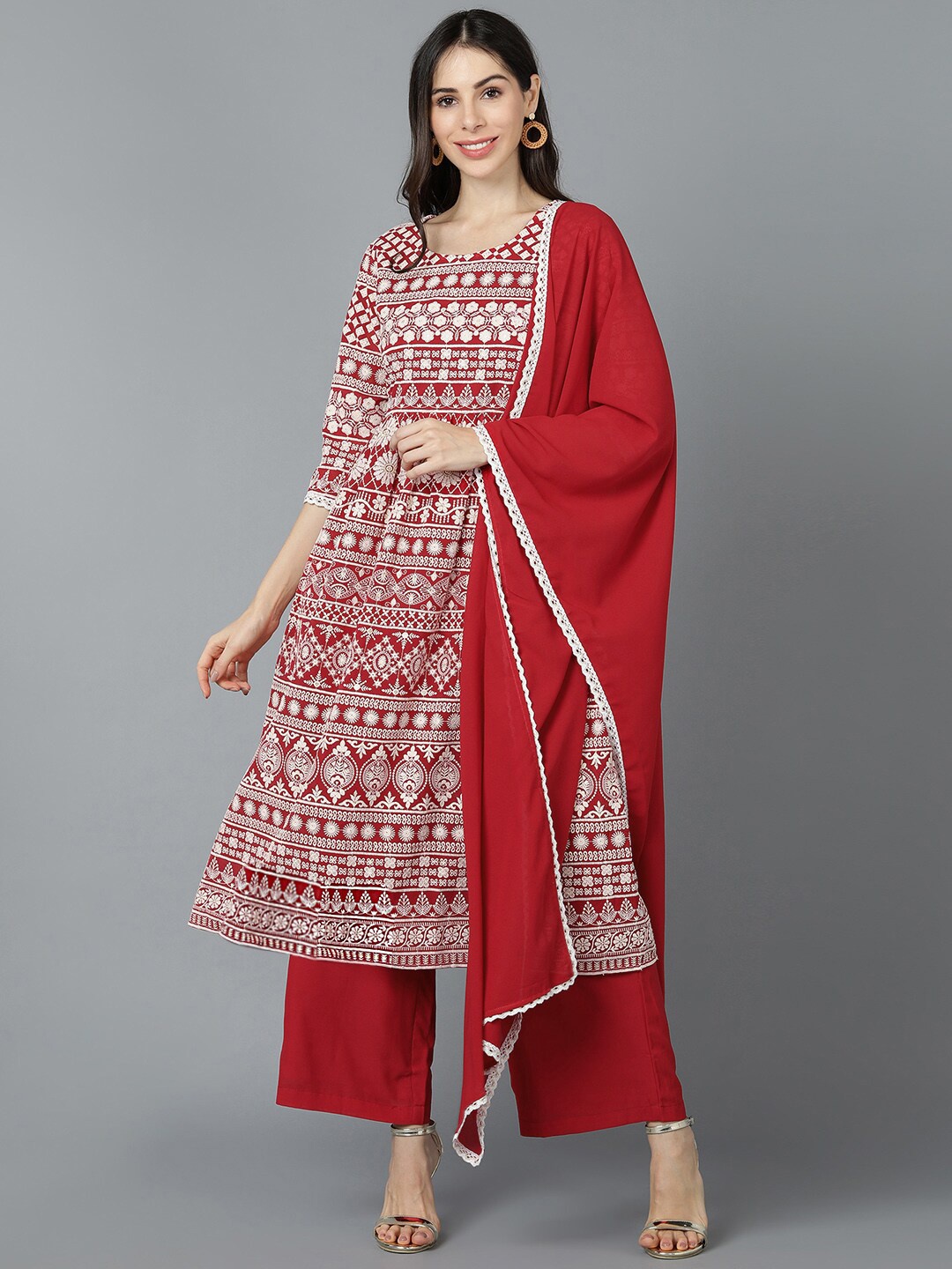 

AHIKA Women Red Printed Panelled Kurta with Palazzos