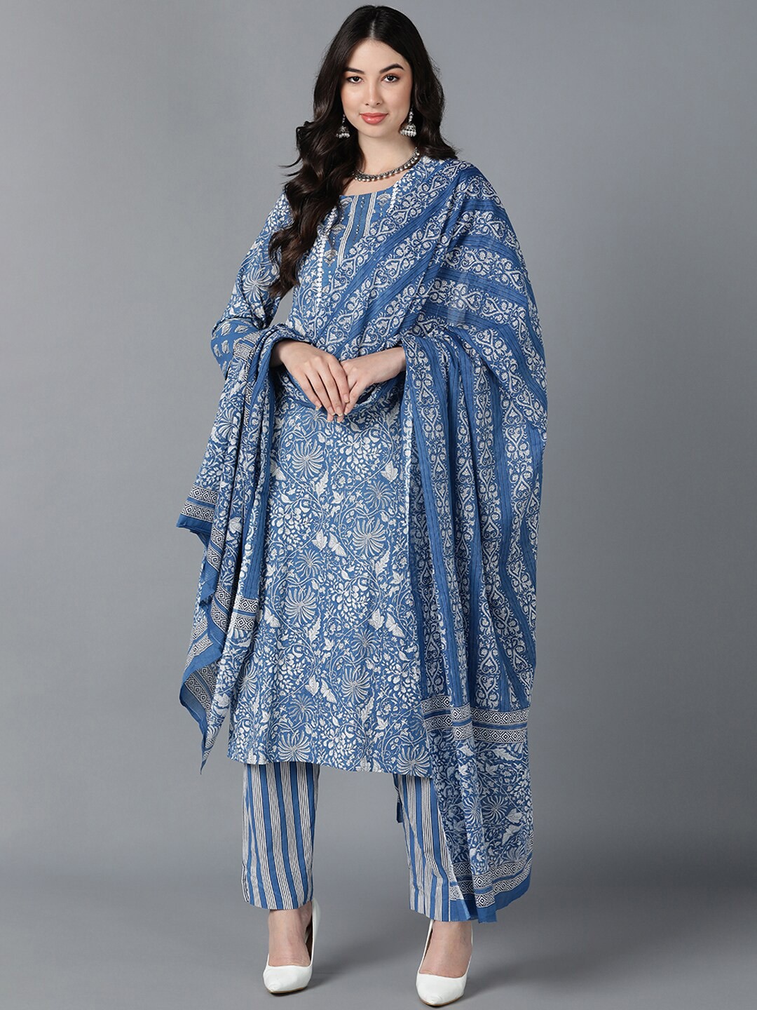 

AHIKA Women Blue Floral Embroidered Pleated Pure Cotton Kurta with Trousers