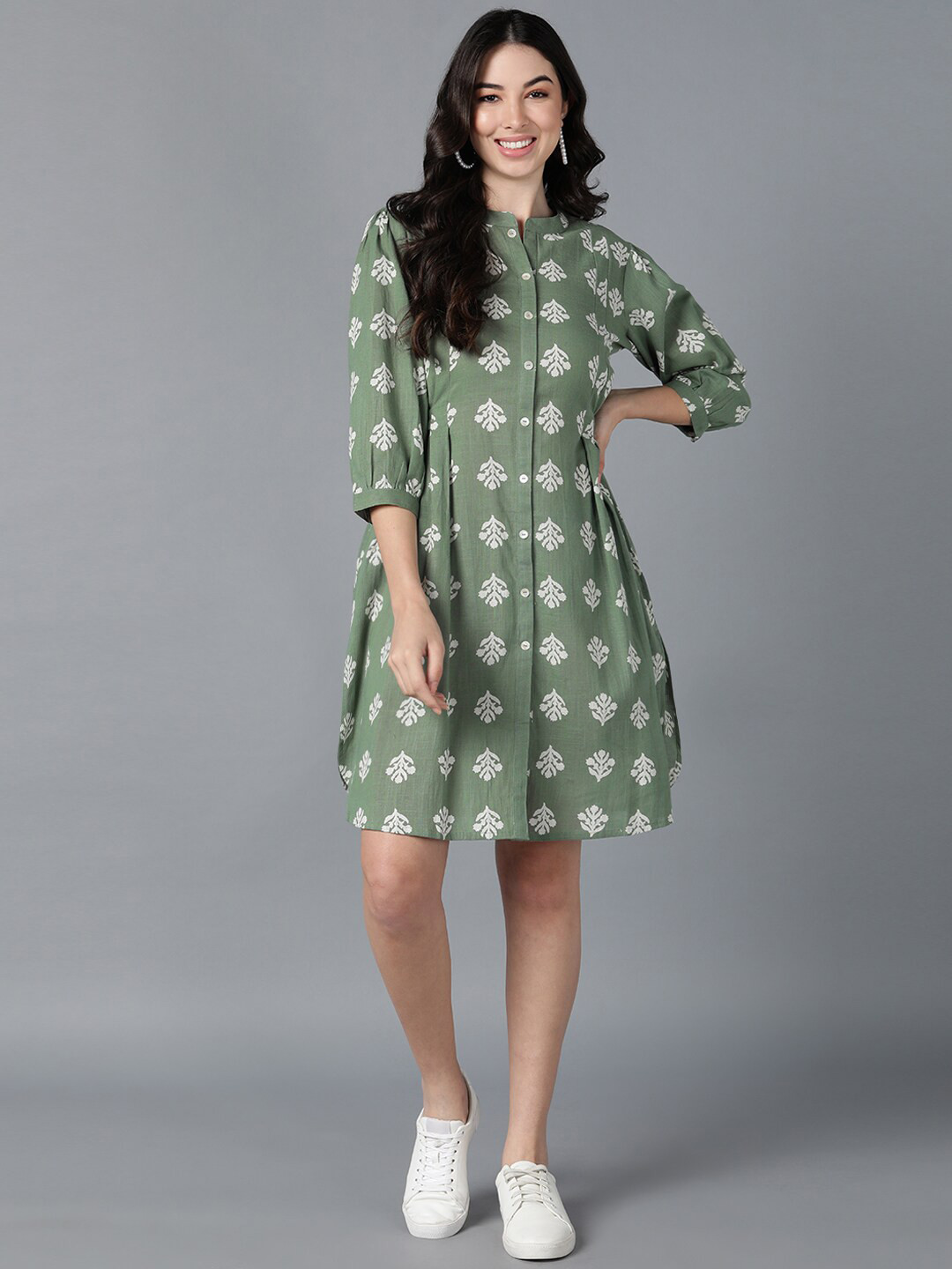 

AHIKA Olive Green Floral A-Line Dress