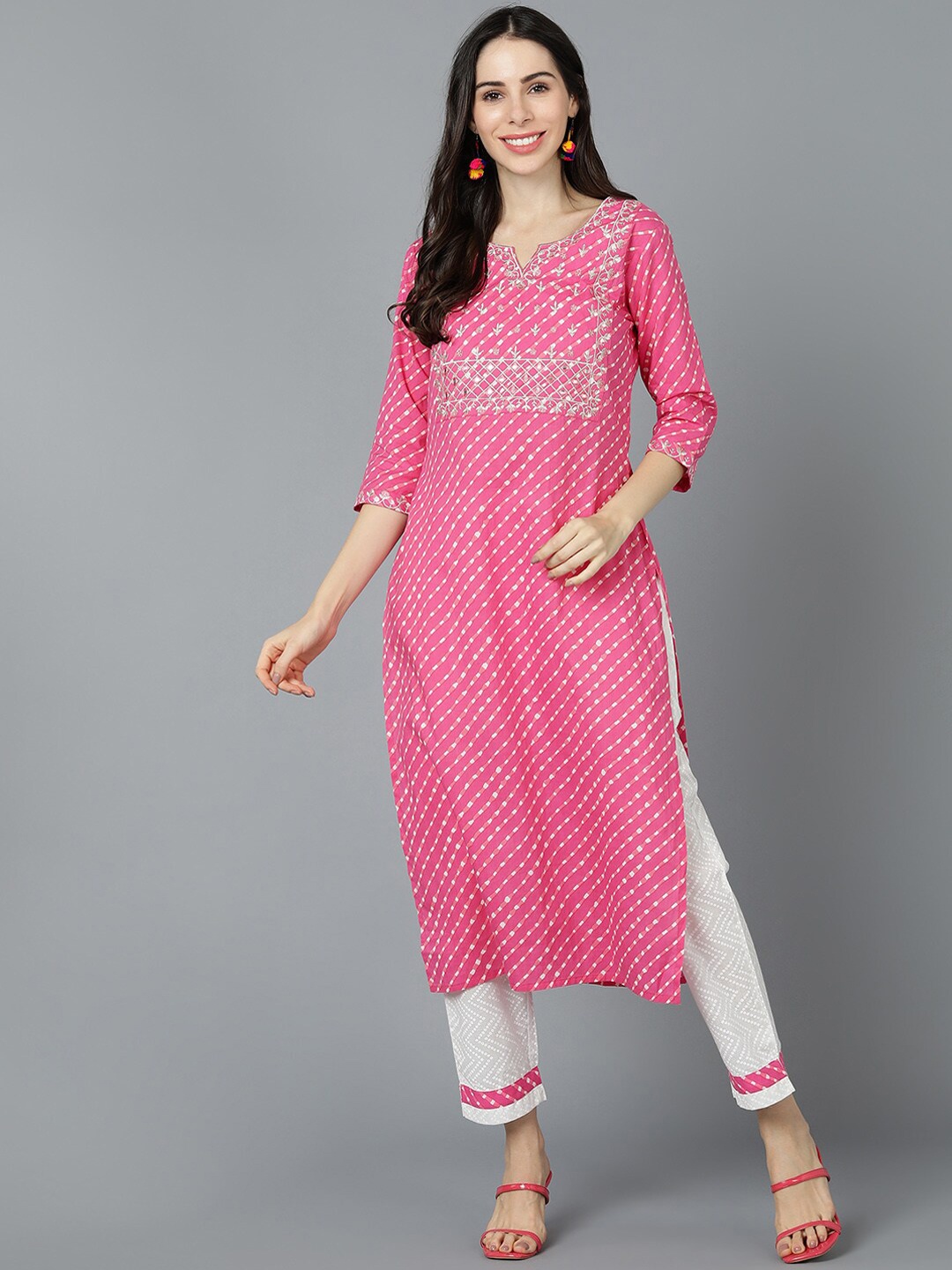 

AHIKA Women Pink Striped Keyhole Neck Anarkali Kurta