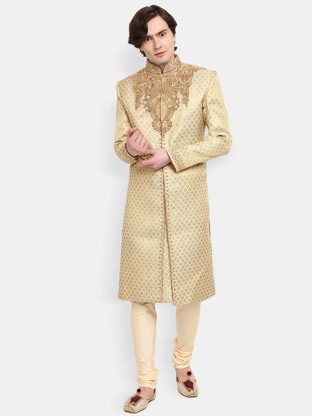 

V-Mart Men Beige Self Design Jacquard Sherwani