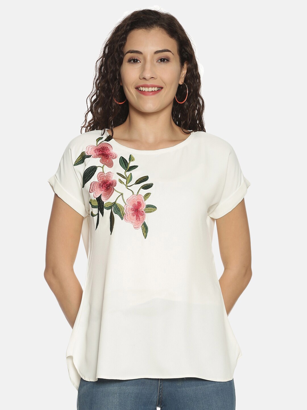 

GLORY & I White Floral Print Extended Sleeves Crepe Top