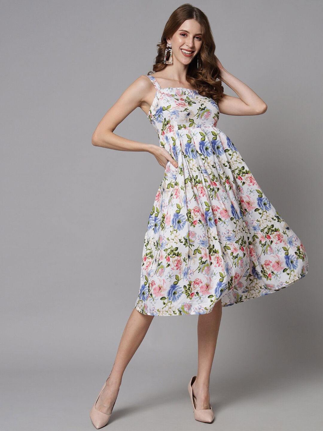 

emeros White Floral Crepe A-Line Midi Dress