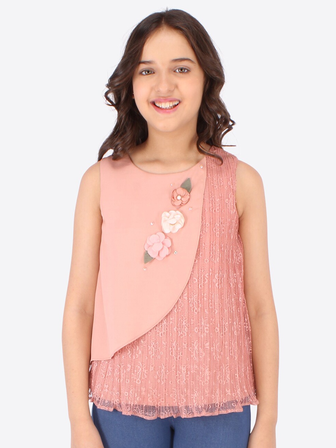 

CUTECUMBER Peach-Coloured Applique Georgette Wrap Top