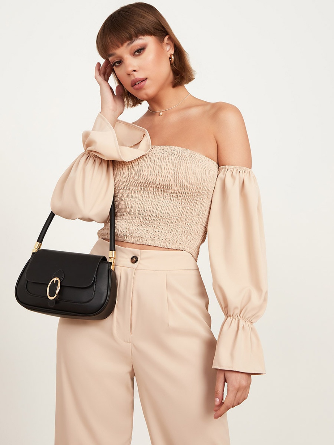 

Styli Women Beige Bardot Crop Top and Wide Leg Trouser Co-Ord Set