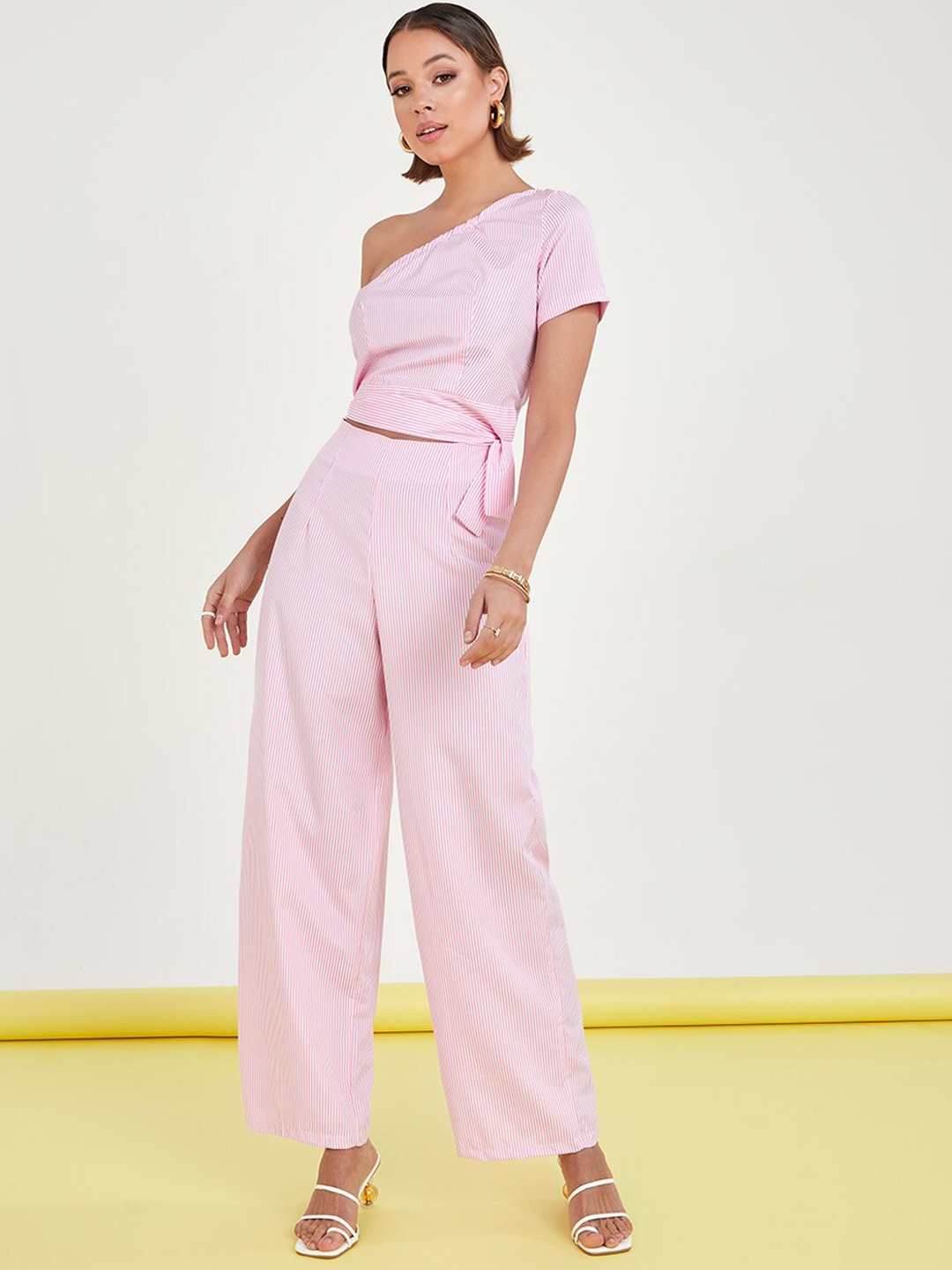 

Styli Women Pink One Shoulder Striped Crop Top & Trouser Co-Ord Set