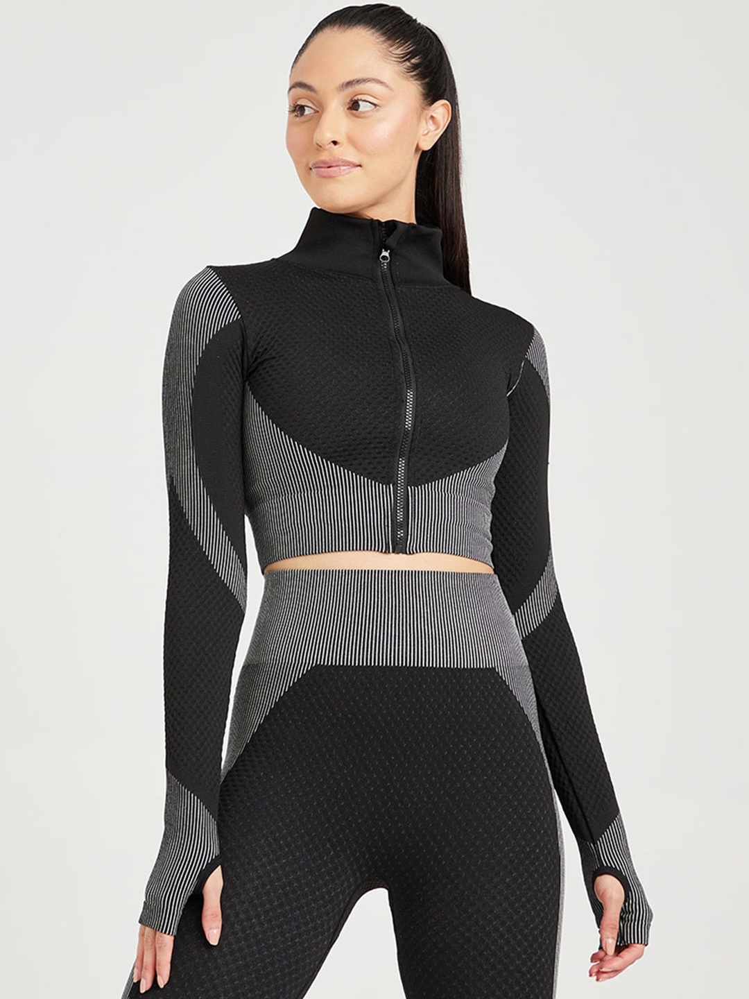 

Styli Women Charcoal Tonal Contour Effect Panel Zip Detail Jacket and Leggings Set