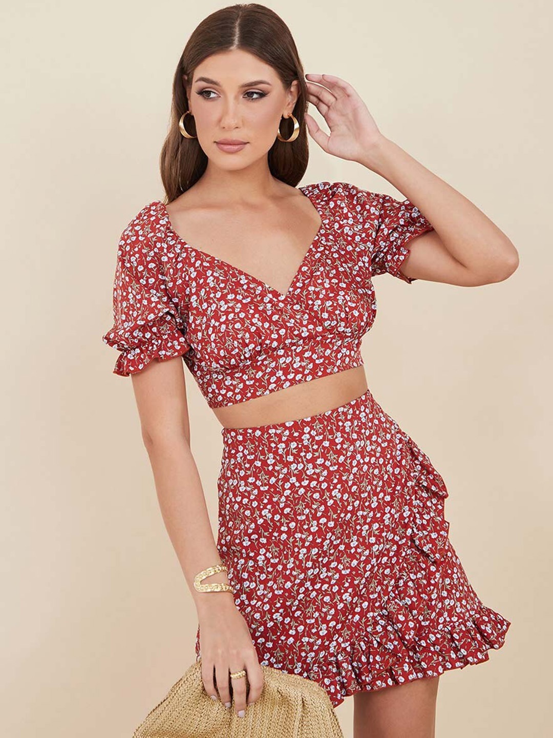 

Styli Women Red & White Floral Print Crop Top and Frill Detail Mini Skirt Co-Ord Set