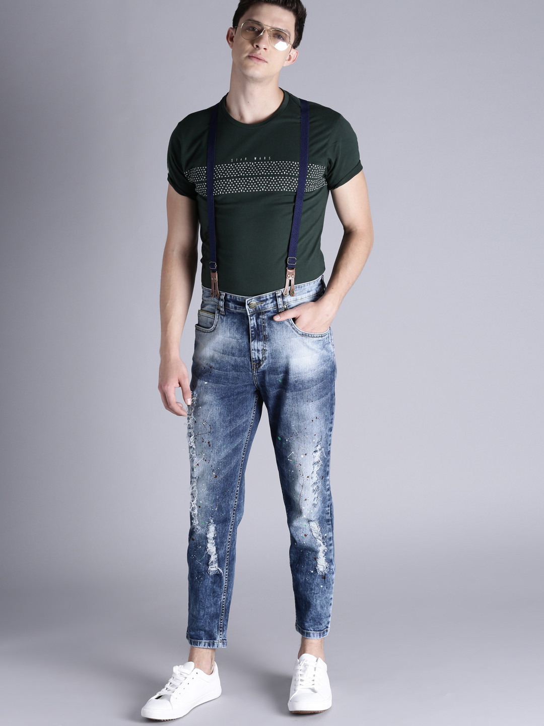 

Kook N Keech Men Blue Carrot Fit Mid-Rise Mildly Distressed Jeans with Suspenders