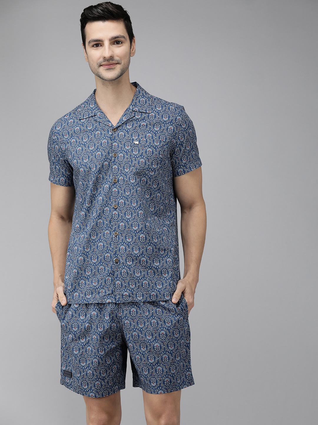 

THE BEAR HOUSE Men Blue Ethnic Motifs Printed Pure Cotton Co-ord Set