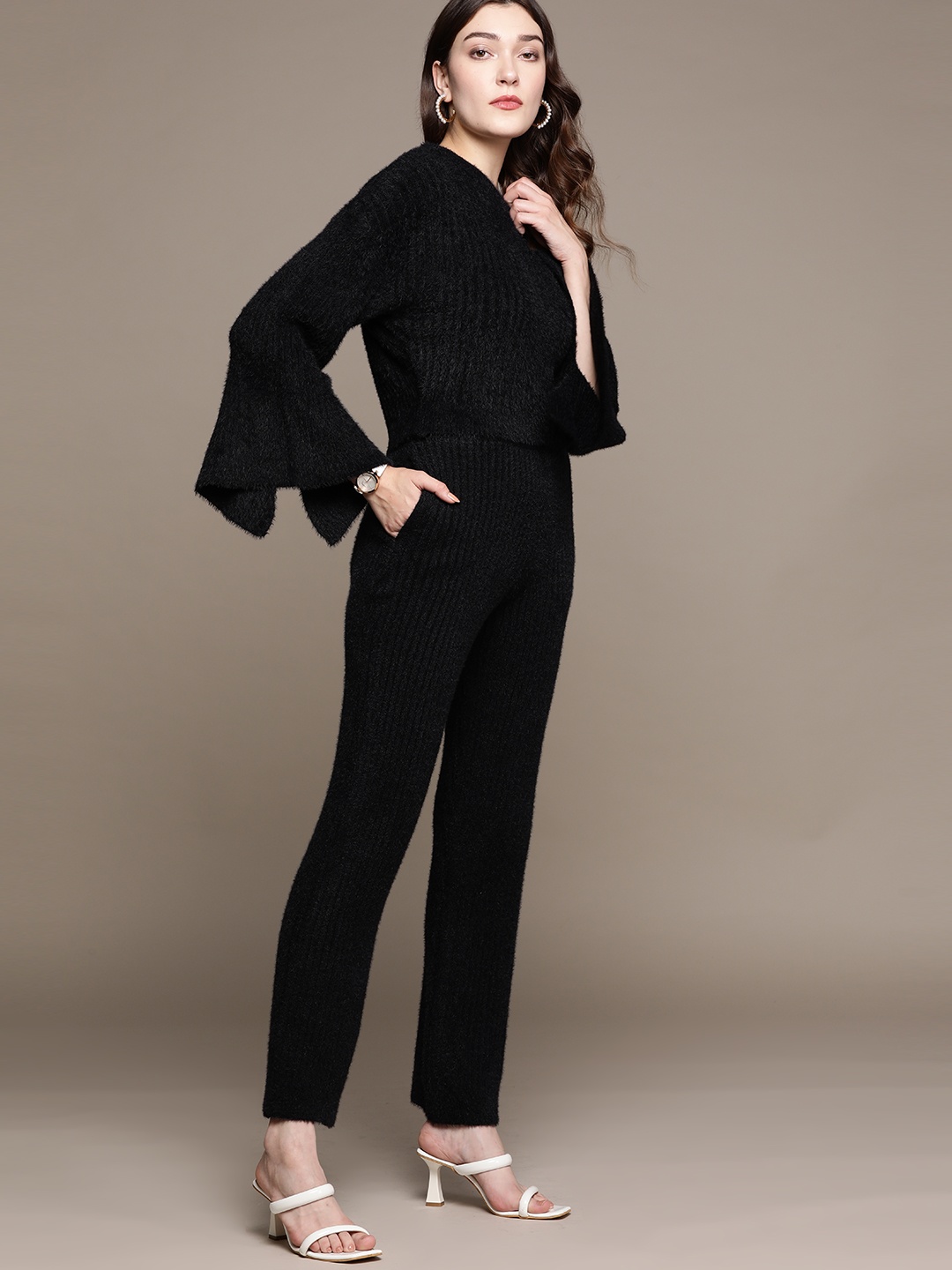 

bebe Jet Black Ribbed All Day Fuzzy Detail Flared Sleeves Winter Co-Ords
