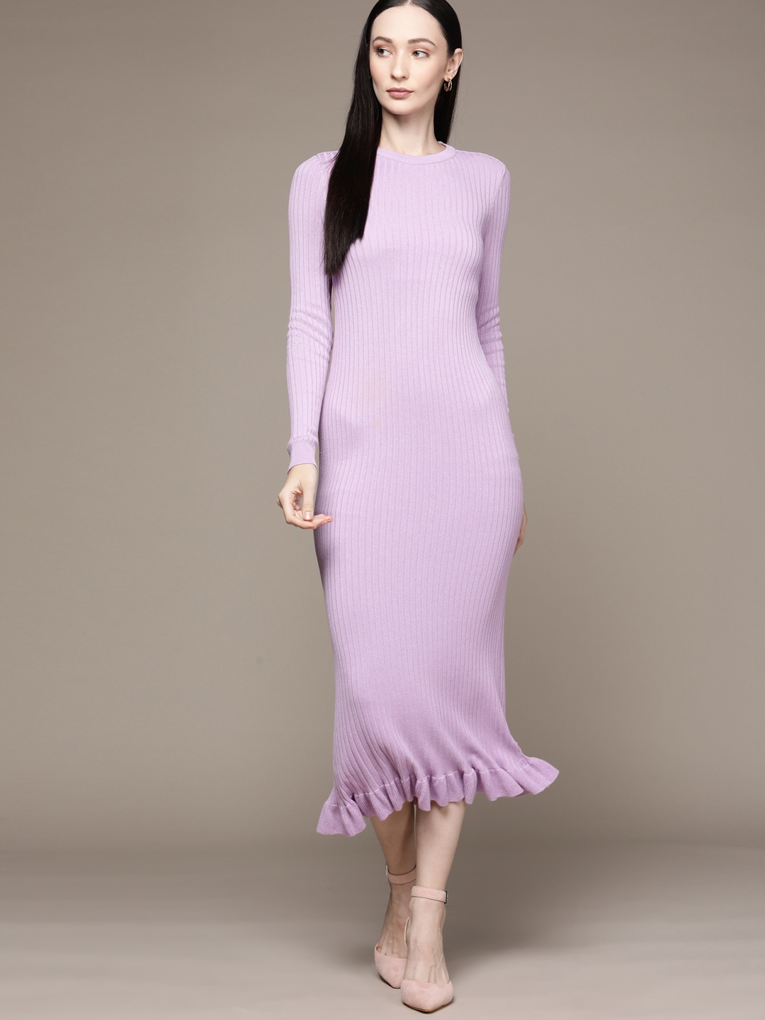 

bebe Women Soft Lavender All Day Ribbed Midi Bodycon Dress