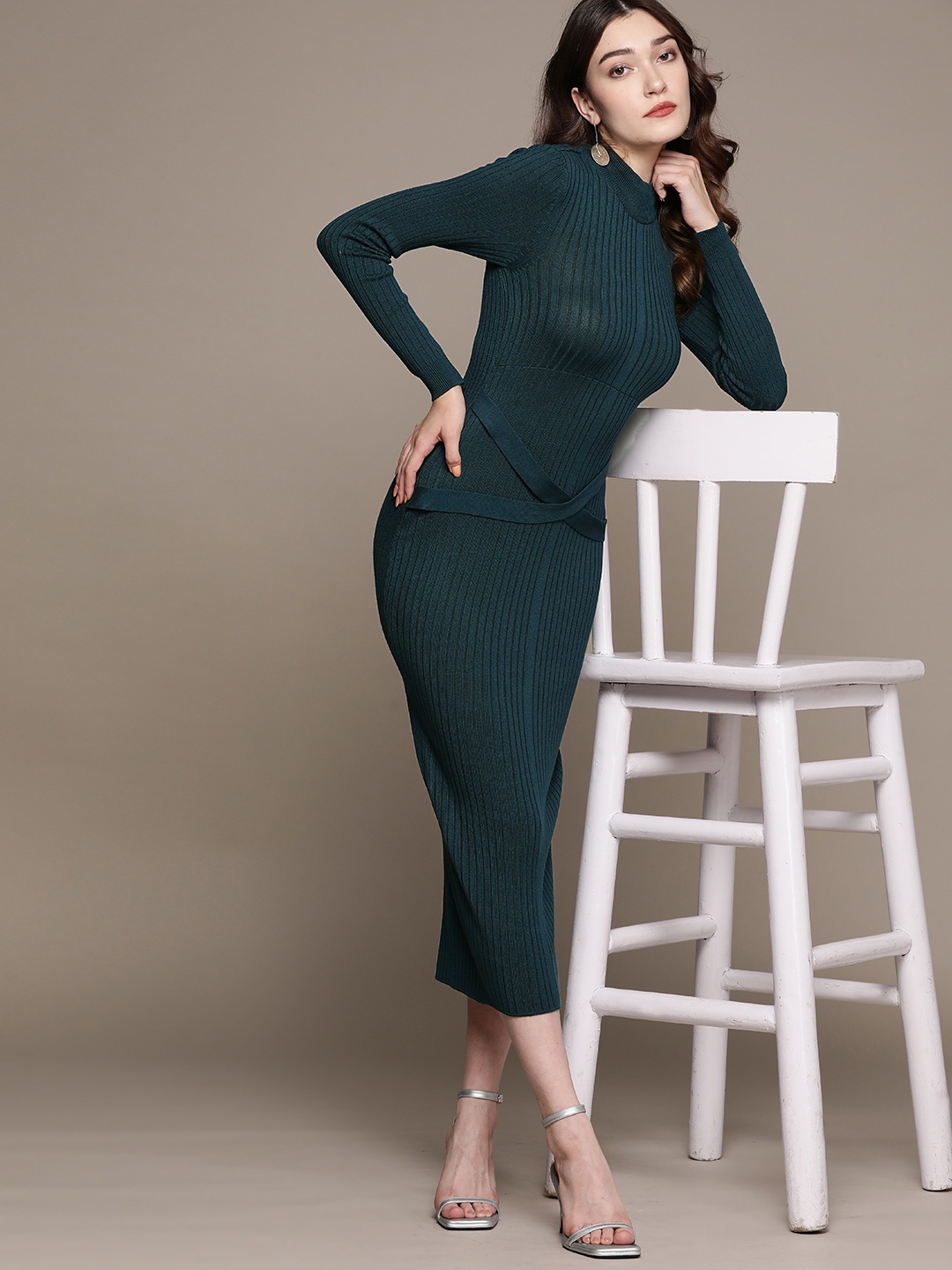 

bebe Teal Blue All Day Belted Ribbed Bodycon Dress
