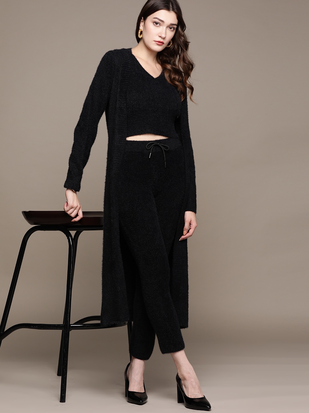 bebe Smokey Black Ribbed All Day Fuzzy Detail Winter Co-Ords