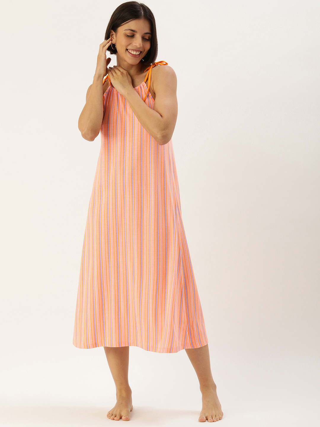 

Slumber Jill Women Pink & Coral Striped Nightdress
