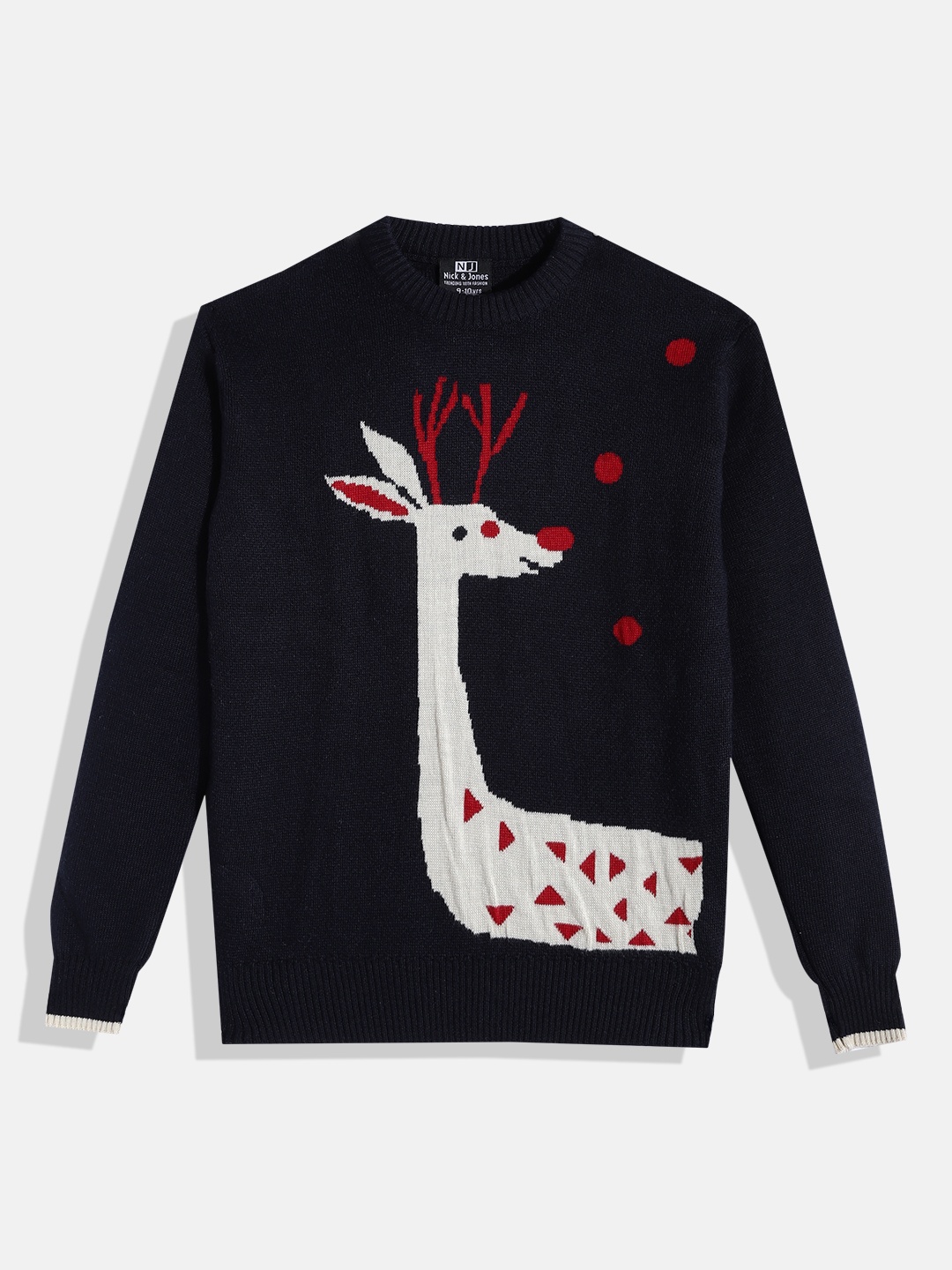 

Nick and Jones Boys Reindeer Printed Ribbed Round Neck Pullover, Navy blue