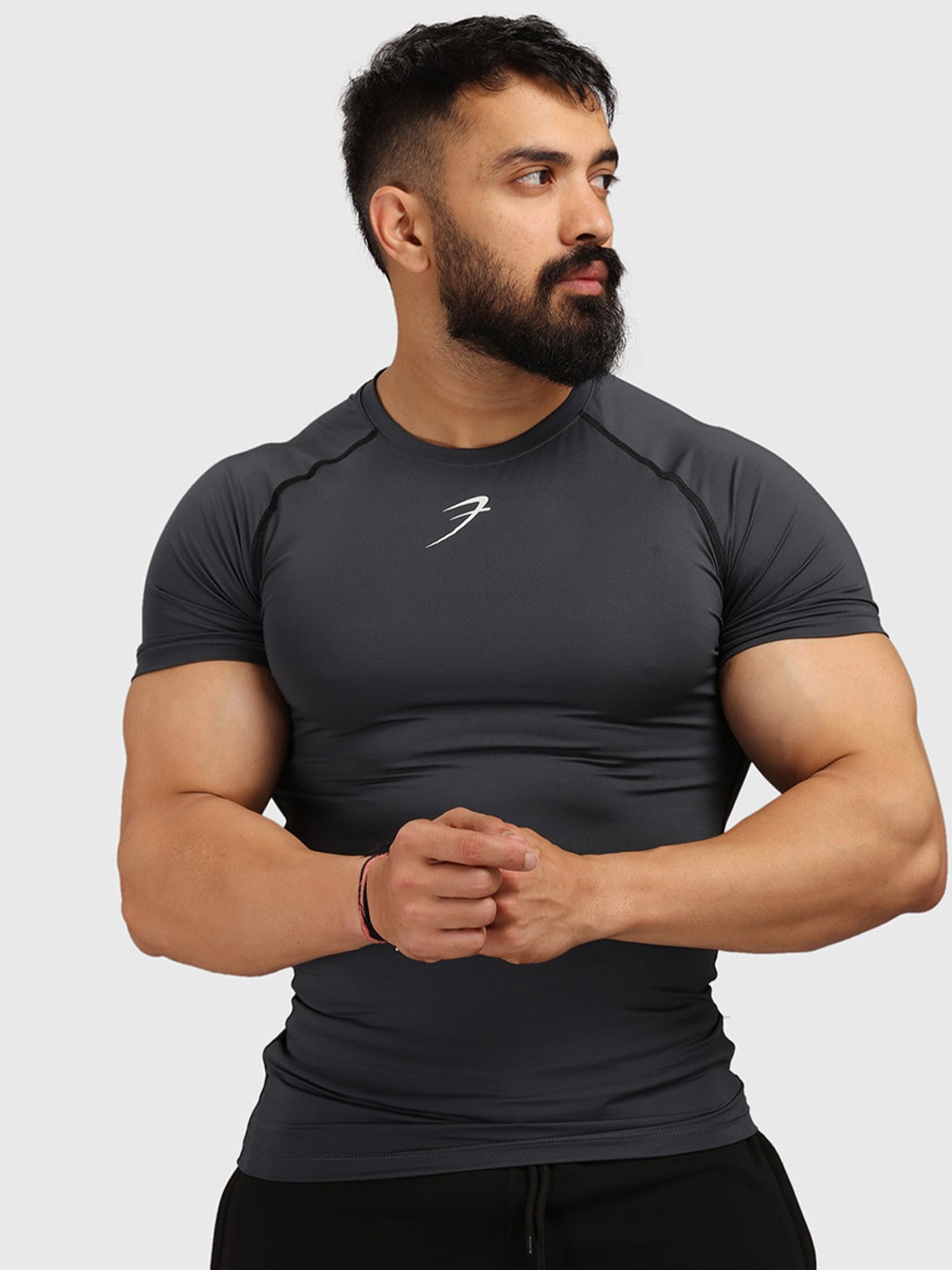 

FUAARK Men Grey Raw Edge Compression T-shirt