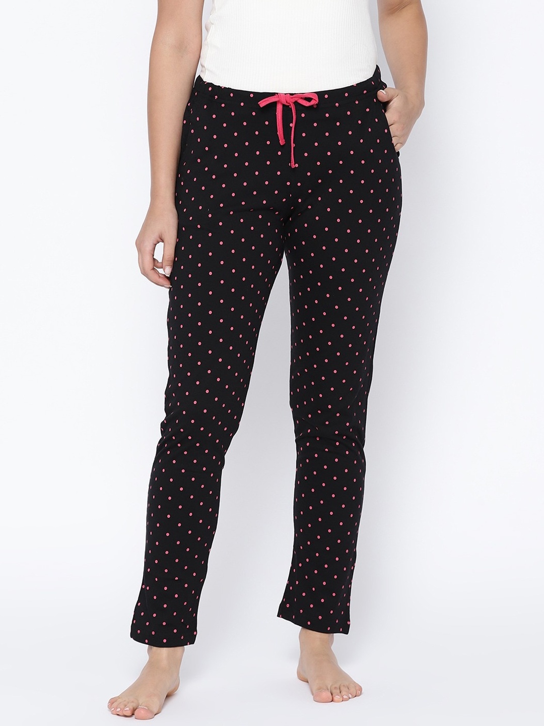 

Kanvin Women Black Polka Dot Printed Pure Cotton Lounge Pants