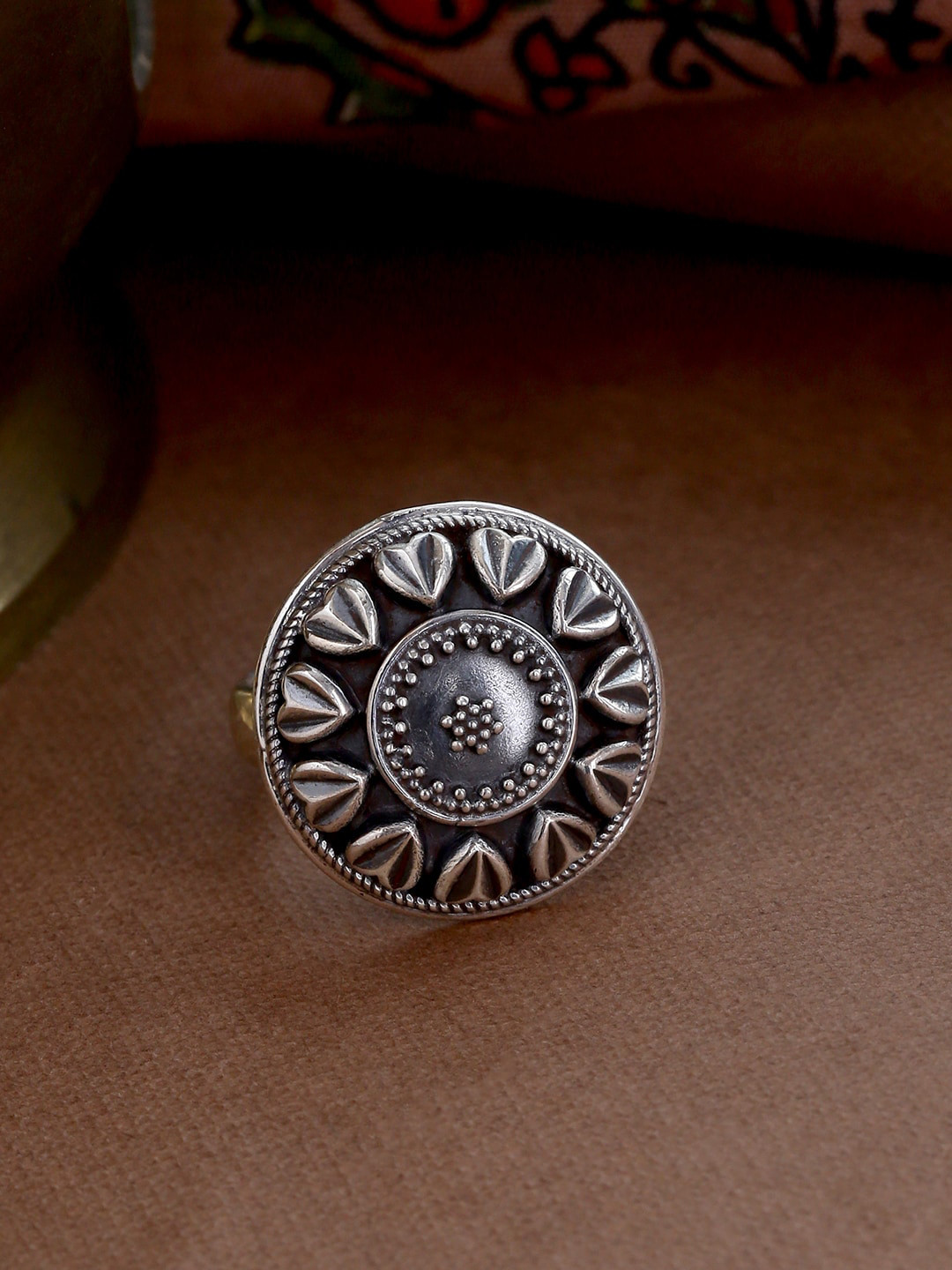 

ADORN by Nikita Ladiwala Oxidised Silver-Toned Floral Adjustable Finger Ring