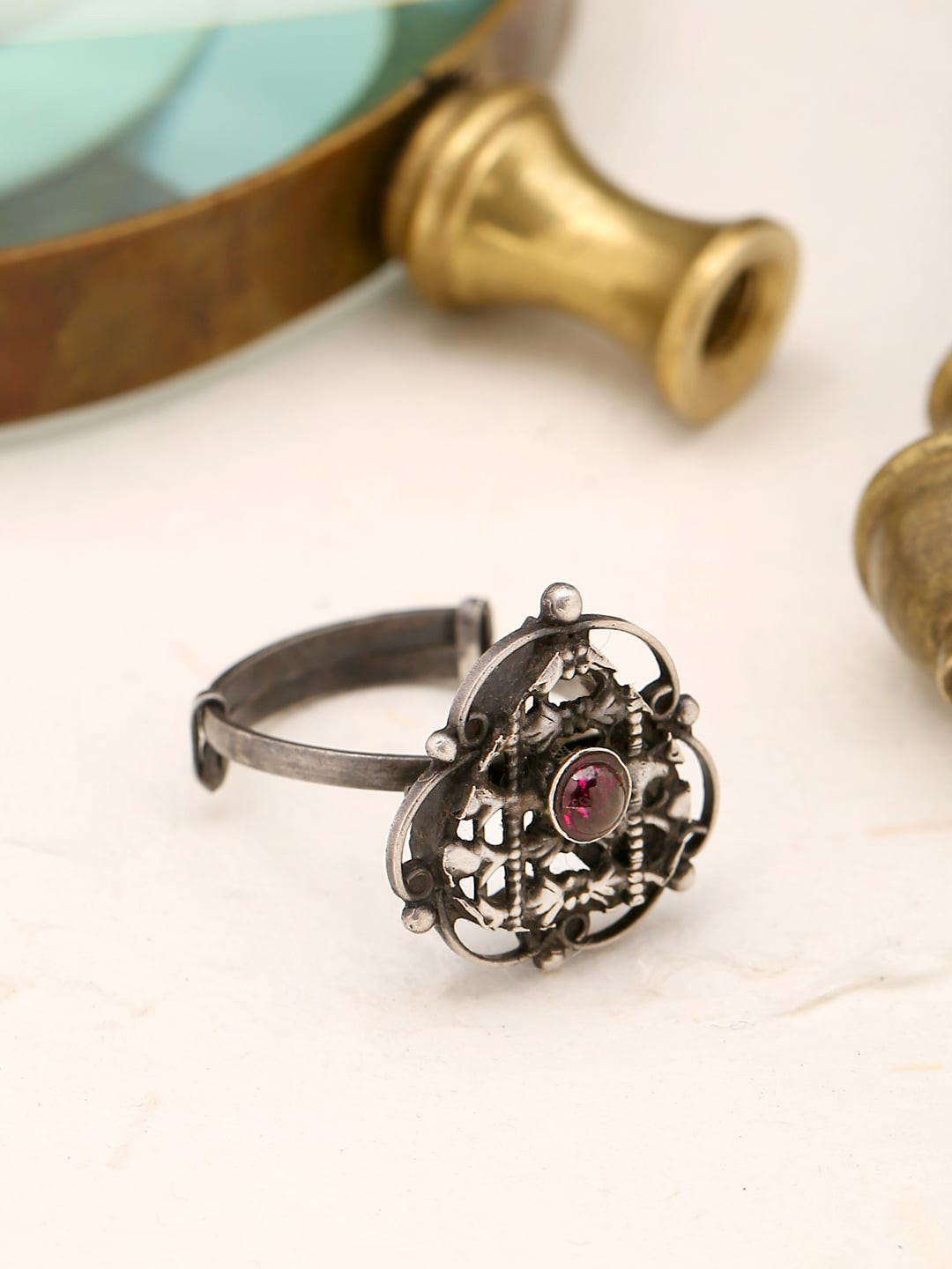 

ADORN by Nikita Ladiwala Silver-Toned Sterling Silver & Pink Stone Studded Ring