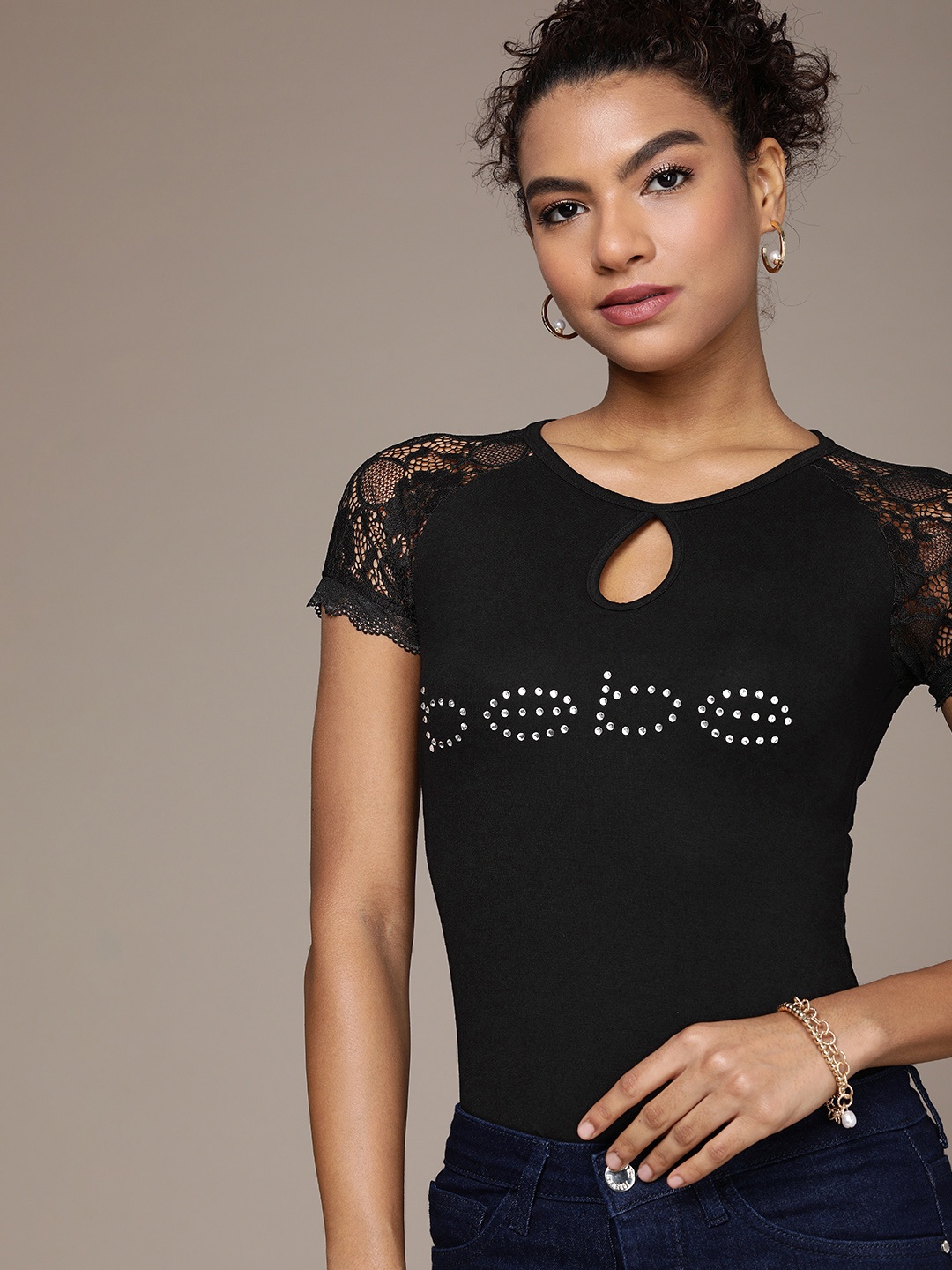 

bebe Women Black Essential Slim Fit Stone Embellished T-shirt