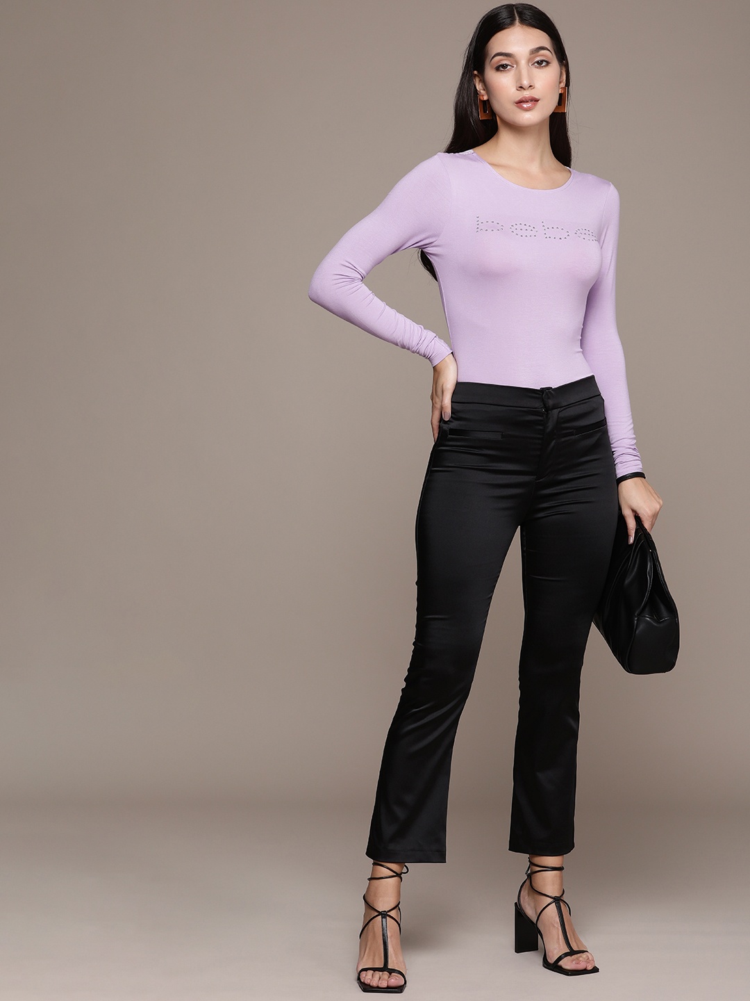 

bebe Women Brand Logo Slim-Fit Solid T-shirt With Lace Detailed Back, Lavender