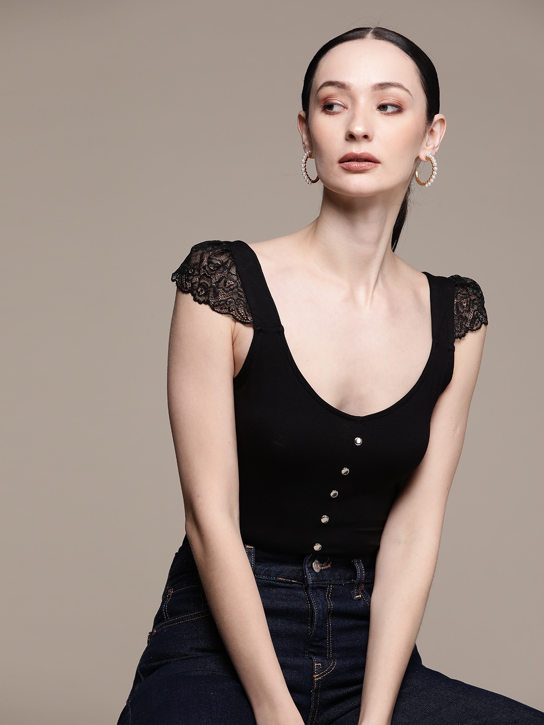 

bebe Women Jet Black Season Staple Button Detailed Cap Sleeves Lace Inserts Top