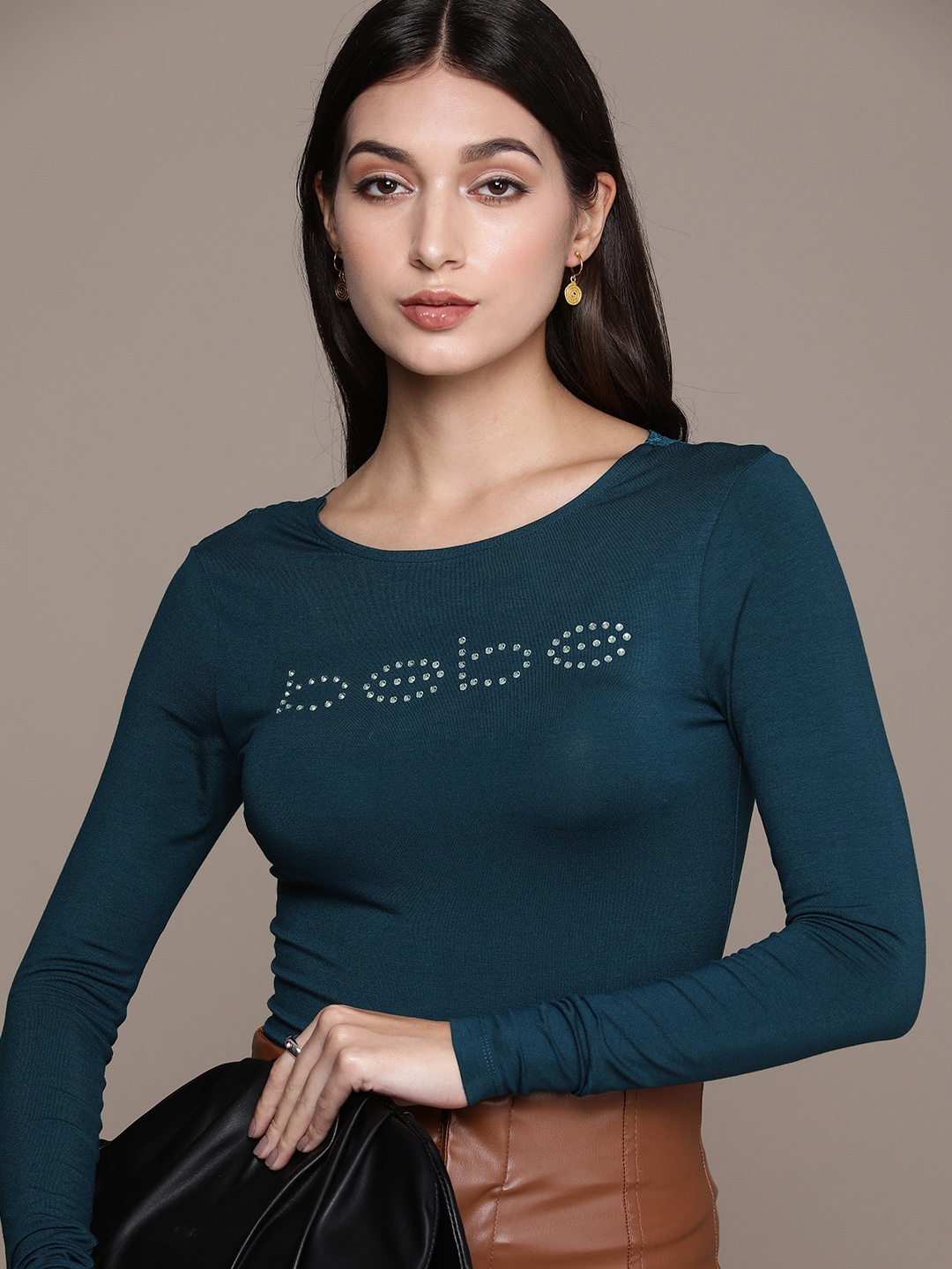 

bebe Women Embellished Brand Logo Solid Slim-Fit T-shirt with Lace Detailed Back, Green